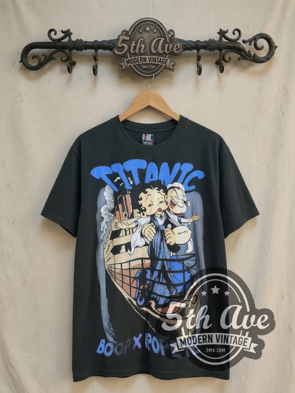 Betty Boop, Popeye and Titanic vintage cartoon tee, front view on a display rack
