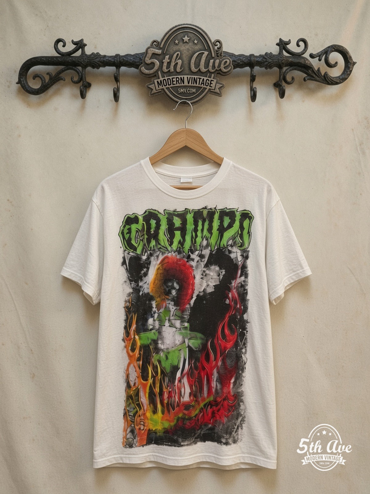 The Cramps – Rock Tribute – Vintage Band T-Shirt — front on locked cream ornate 5th Ave rack