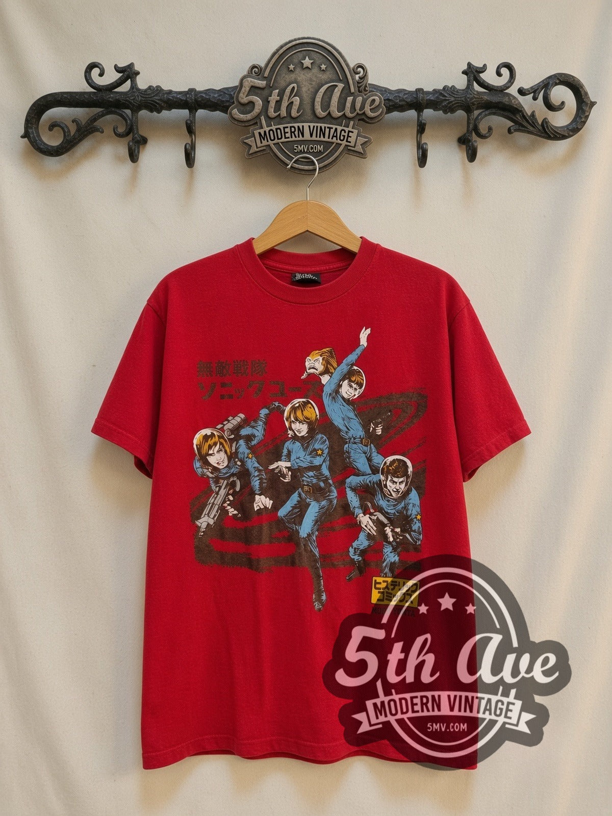 Sonic Youth Anime Manga vintage band t-shirt in red, front view on a display rack