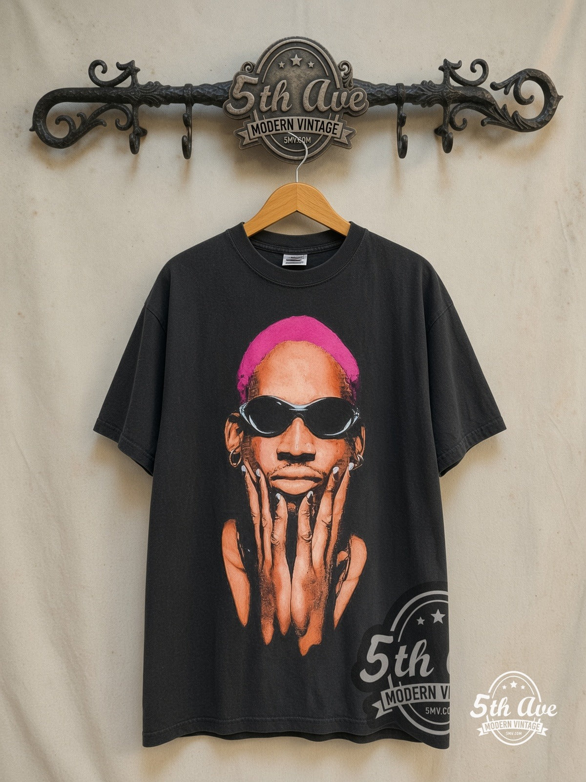Dennis Rodman – Not of This World – Vintage Graphic Tee — front on locked cream ornate 5th Ave rack
