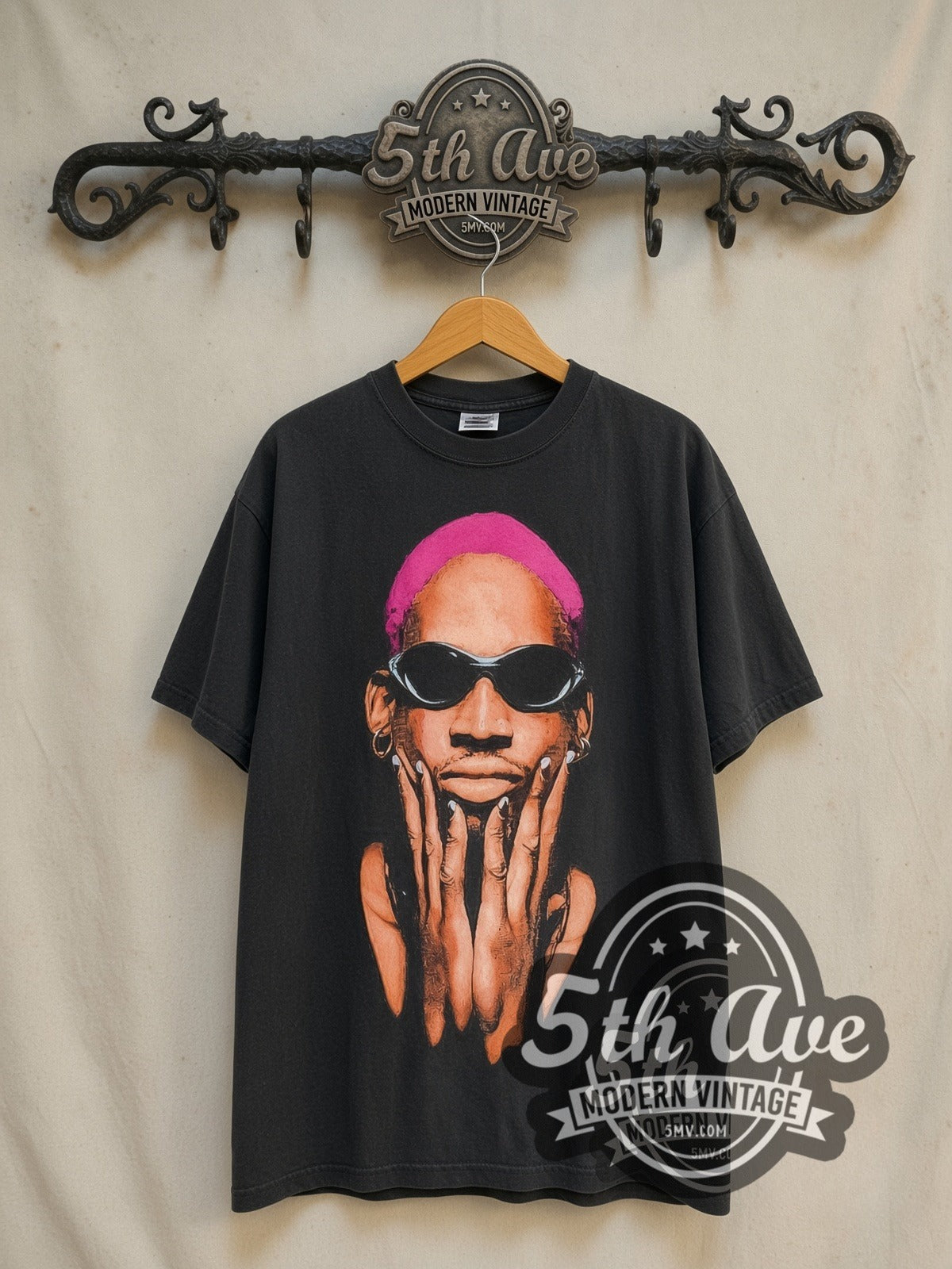 Dennis Rodman Not of This World graphic tee in black, front view on a display rack