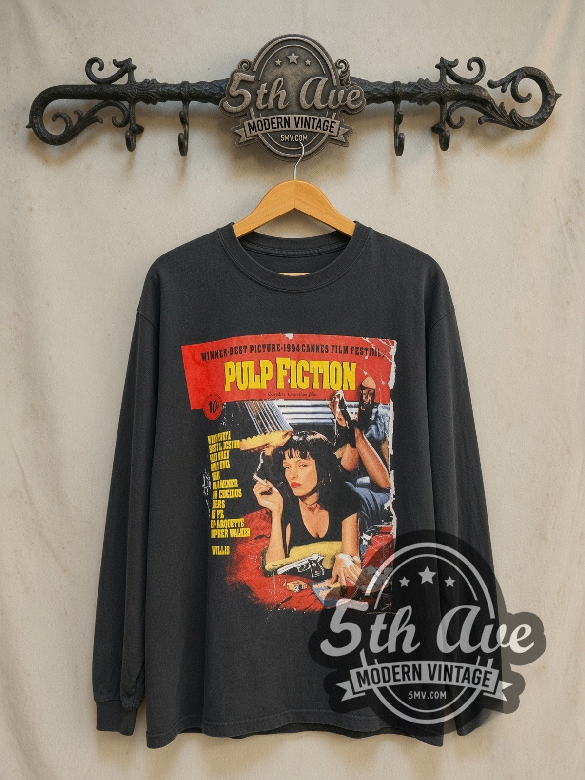 Pulp Fiction vintage movie long sleeve t-shirt, front view on the 5MV rack