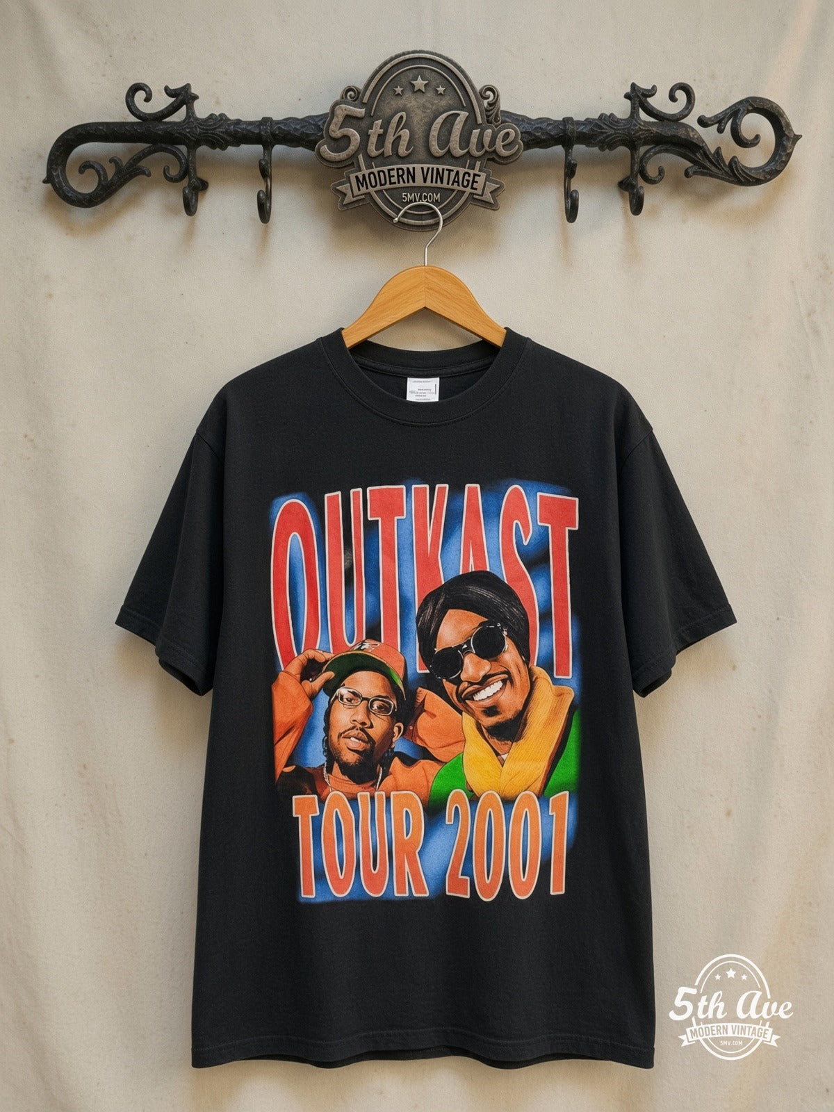 OutKast – Stank Love Tour 2001 – Vintage Band T-Shirt — front on locked cream ornate 5th Ave rack