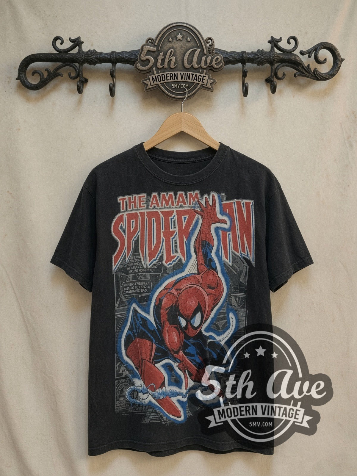 Spider-Man Super Soft Graphic vintage comic tee, front view on a display rack