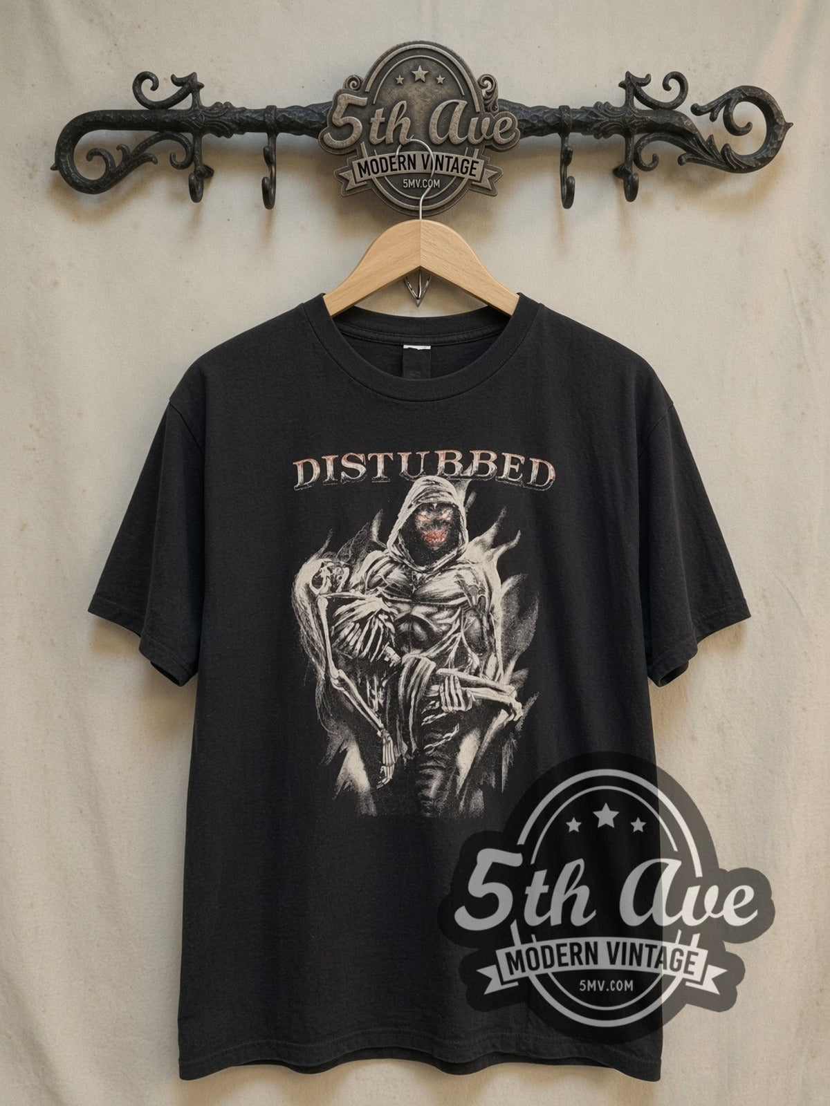 Disturbed The Guy Skeleton Duo vintage band t-shirt, front view on the 5MV rack