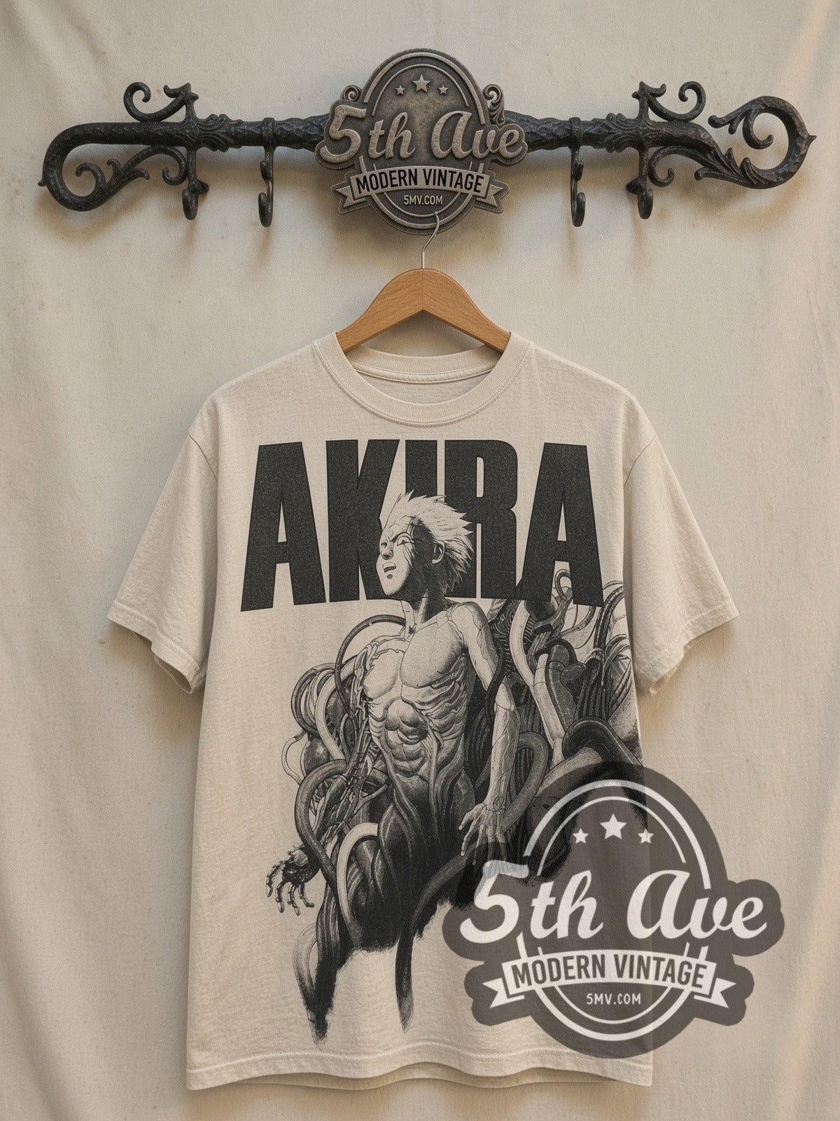 Akira Tetsuo Front Overprint vintage anime t-shirt, front view on a display rack