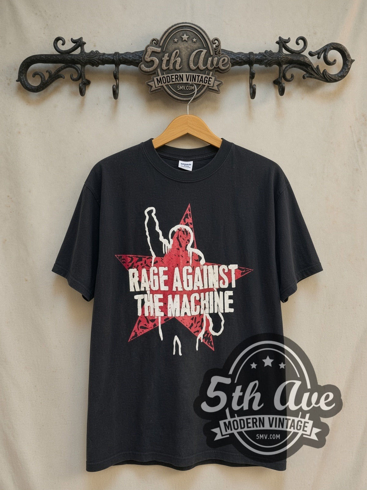Rage Against the Machine vintage band t-shirt in black, front view on the 5MV rack