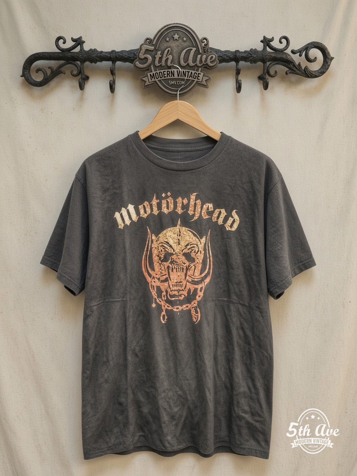 Motörhead – Explosive with Captain Boot Tag – Vintage Band T-Shirt — front on locked cream ornate 5th Ave rack