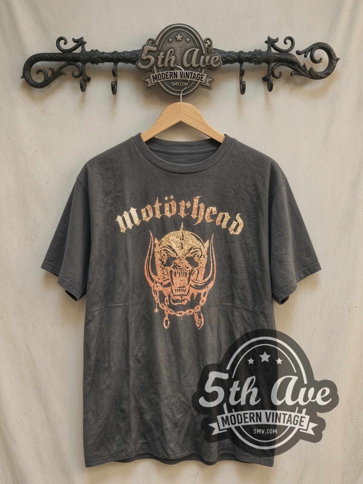 Motörhead Explosive with Captain Boot Tag vintage band t-shirt, front view on a display rack
