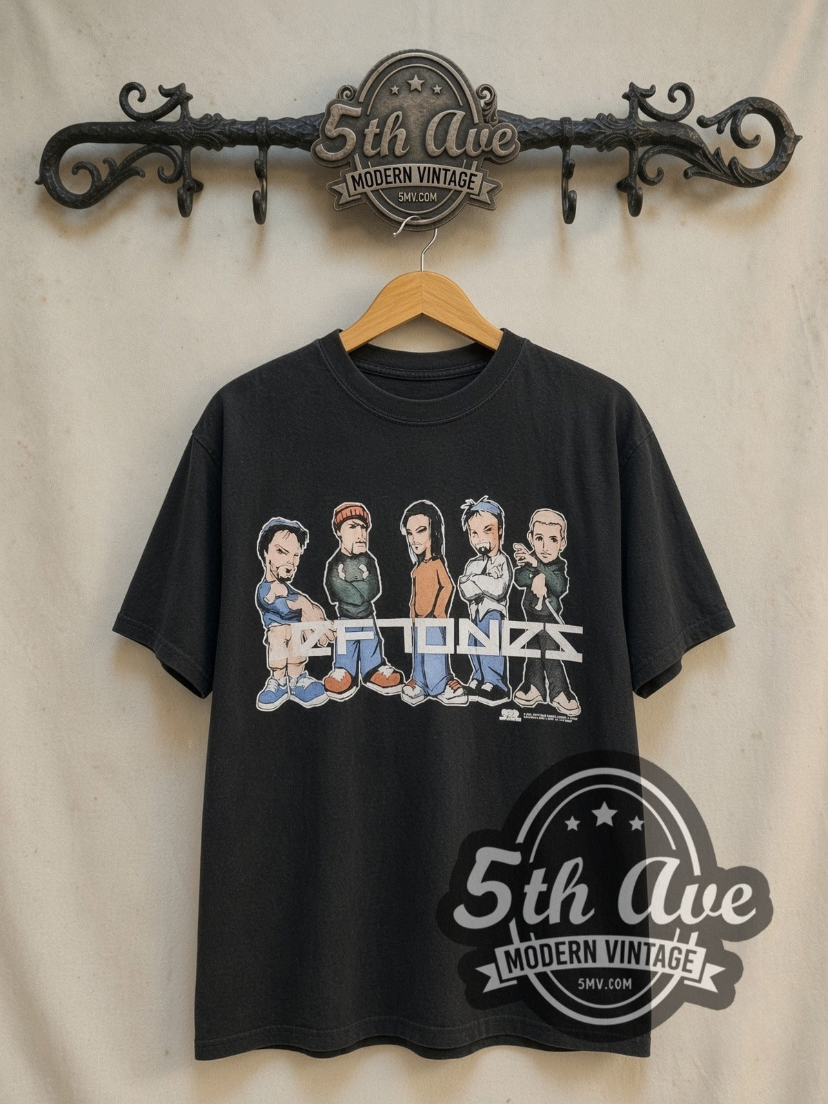 Deftones Tour 2001 vintage band t-shirt in black, front view on a display rack