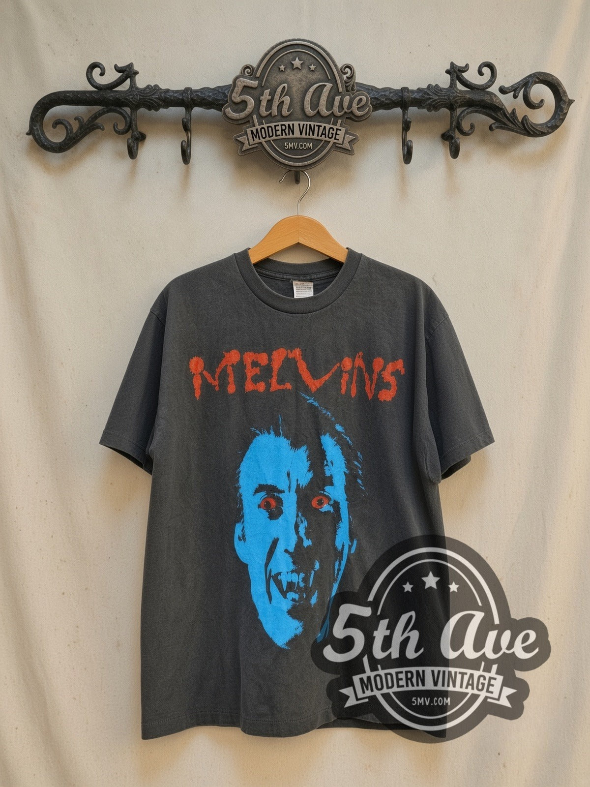 Melvins Vampire vintage band t-shirt in black, front view on the 5MV rack