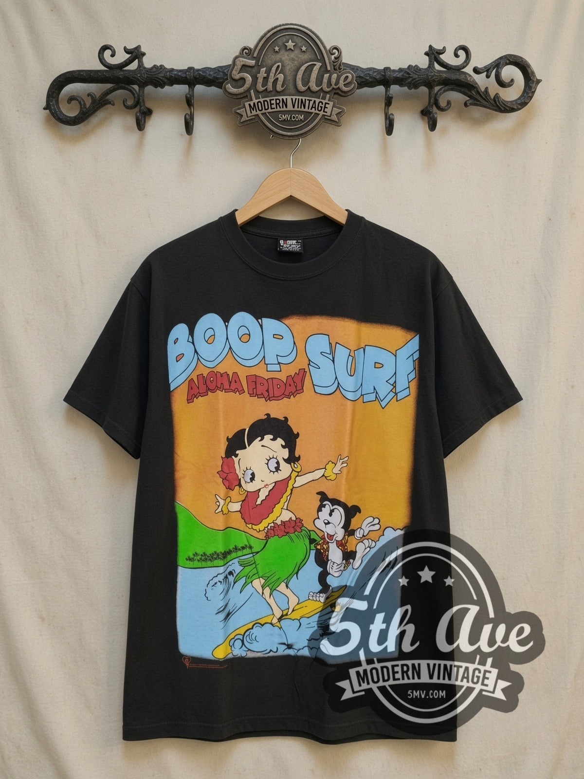 Betty Boop Boop Surf and Surf's Up Back vintage cartoon tee, front view on a display rack