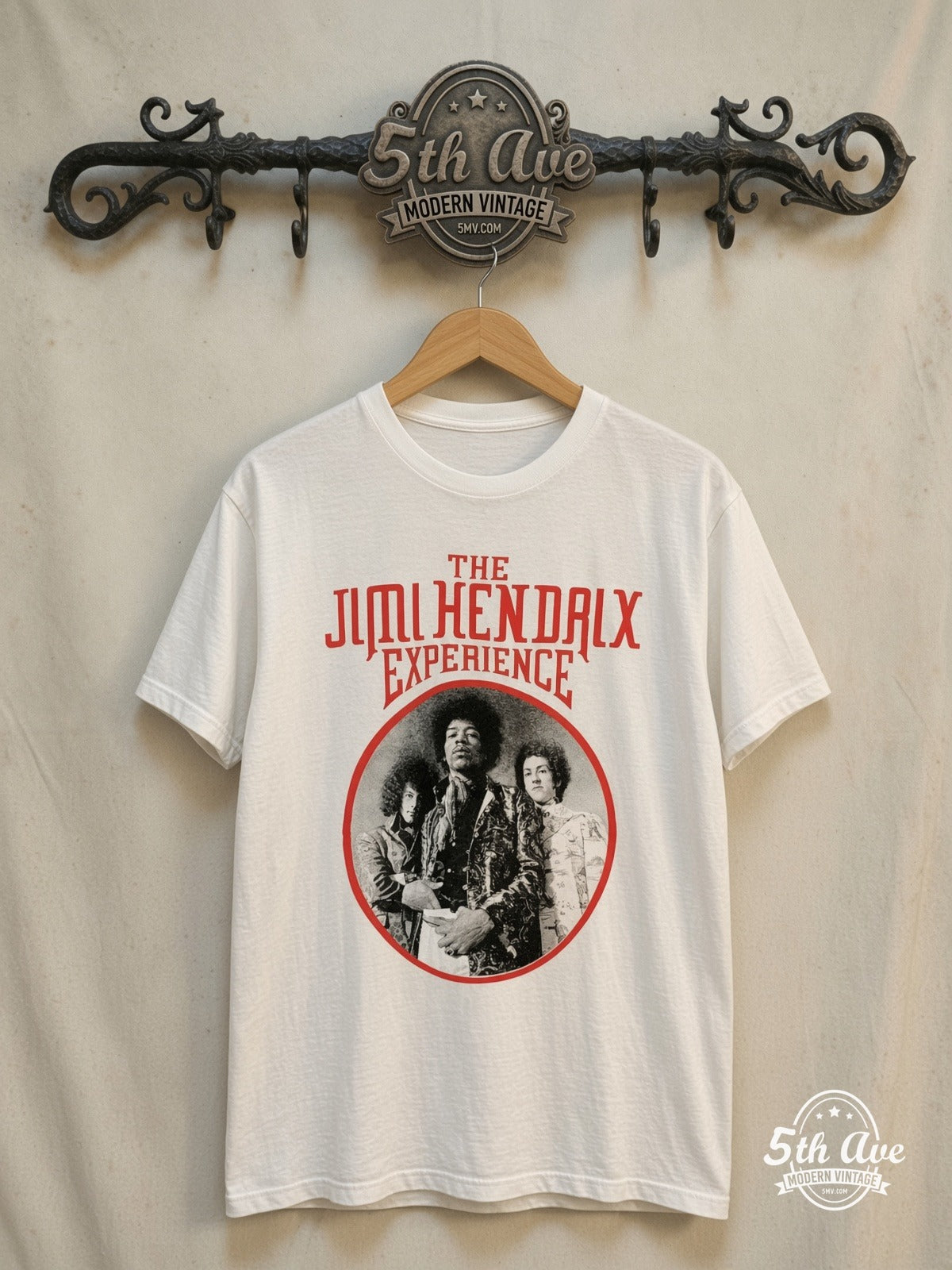 The Jimi Hendrix Experience – Vintage Band T-Shirt — front on locked cream ornate 5th Ave rack