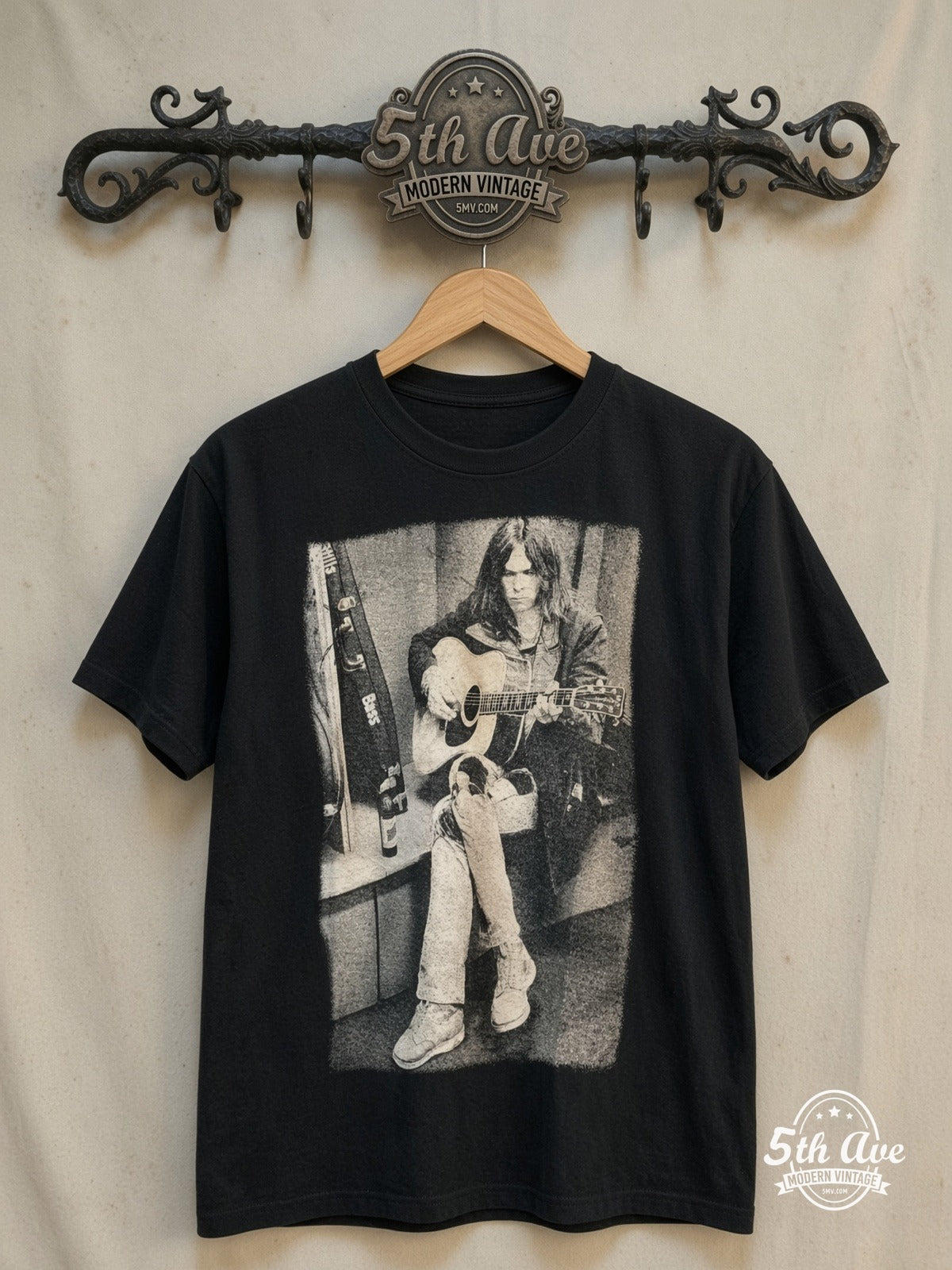 Neil Young – Acoustic Guitar Bass Case Portrait – Vintage Band T-Shirt — front on locked cream ornate 5th Ave rack
