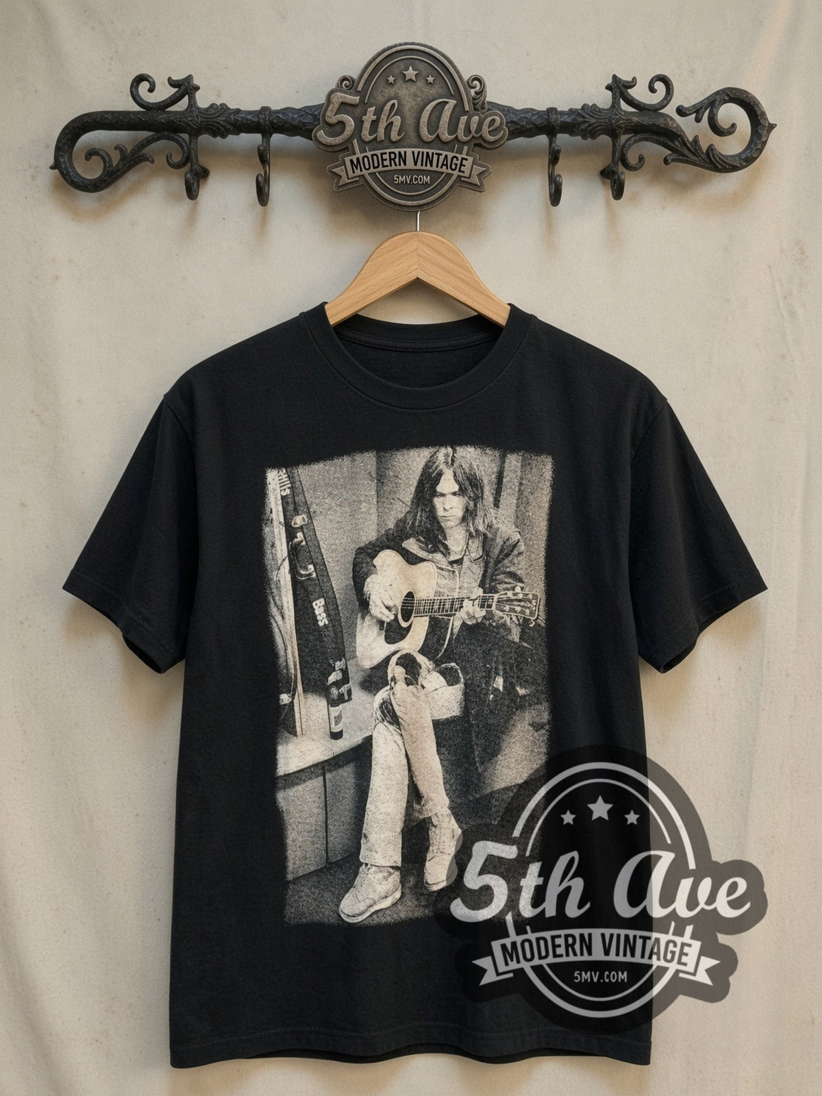 Neil Young Acoustic Guitar Bass Case Portrait vintage band t-shirt, front view on a display rack