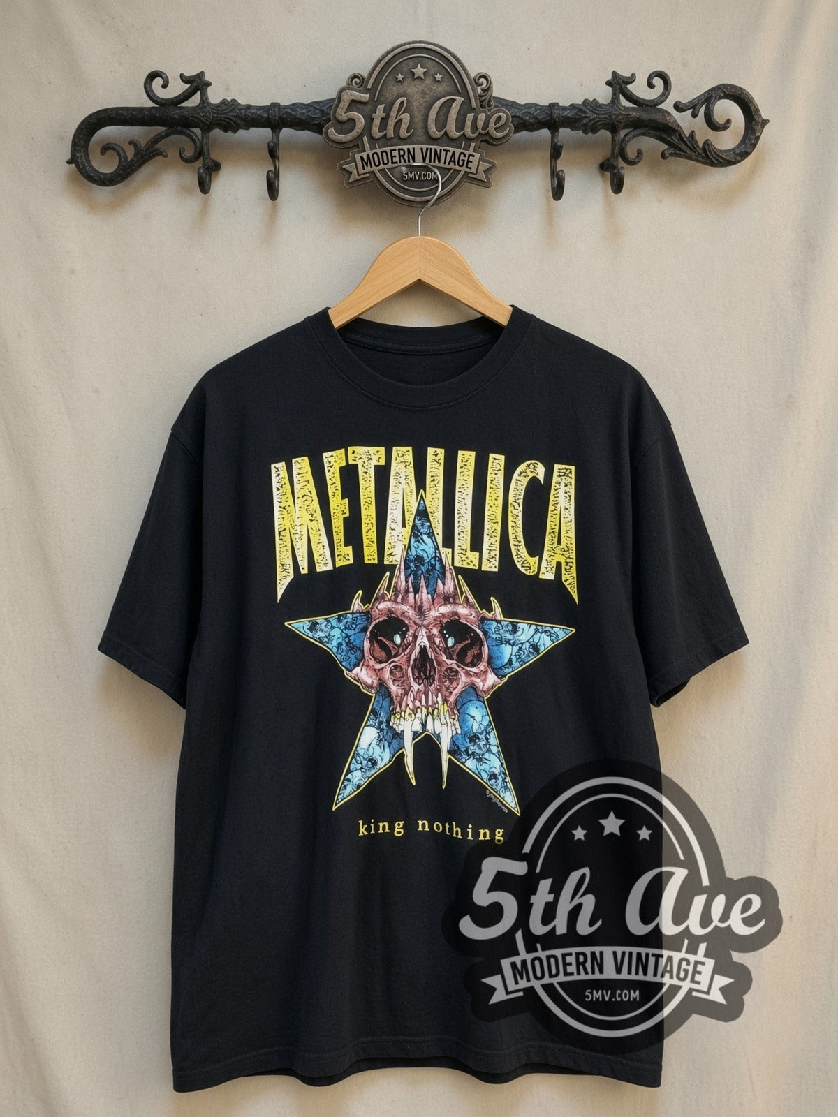 Metallica King Nothing Fanged Skull Blue Star vintage band t-shirt, front view on the 5MV rack