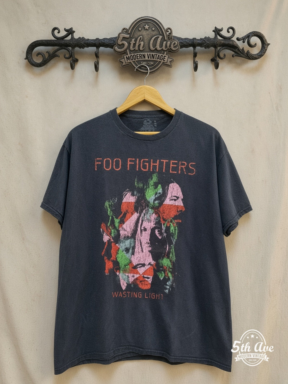Foo Fighters – Wasting Light – Vintage Band T-Shirt — front on locked cream ornate 5th Ave rack