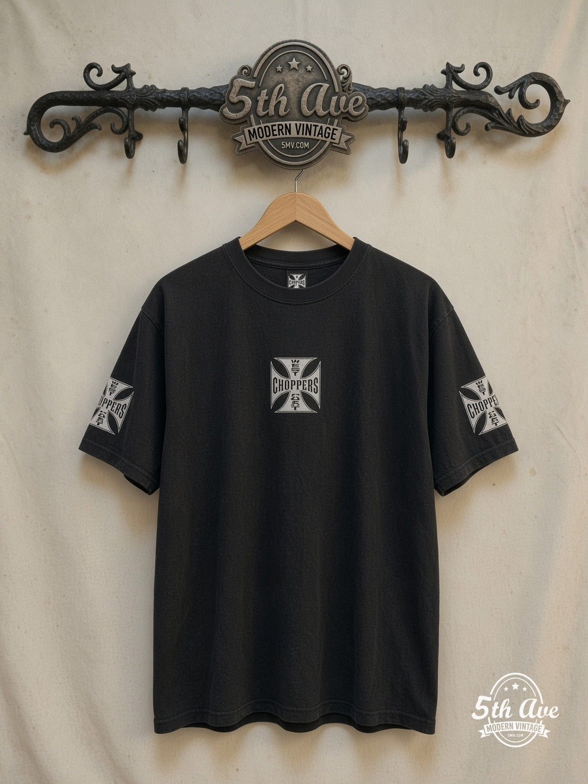 West Coast Choppers – Spiderweb Iron Cross West Side – Long Sleeve T-Shirt — front on locked cream ornate 5th Ave rack