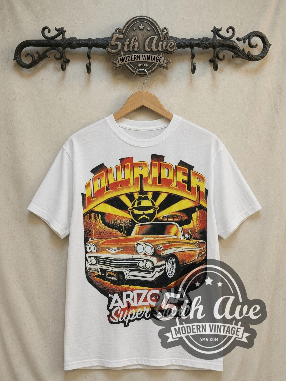 Rollin Hard The Arizona Super Show 2016 vintage graphic tee, front view on a display rack