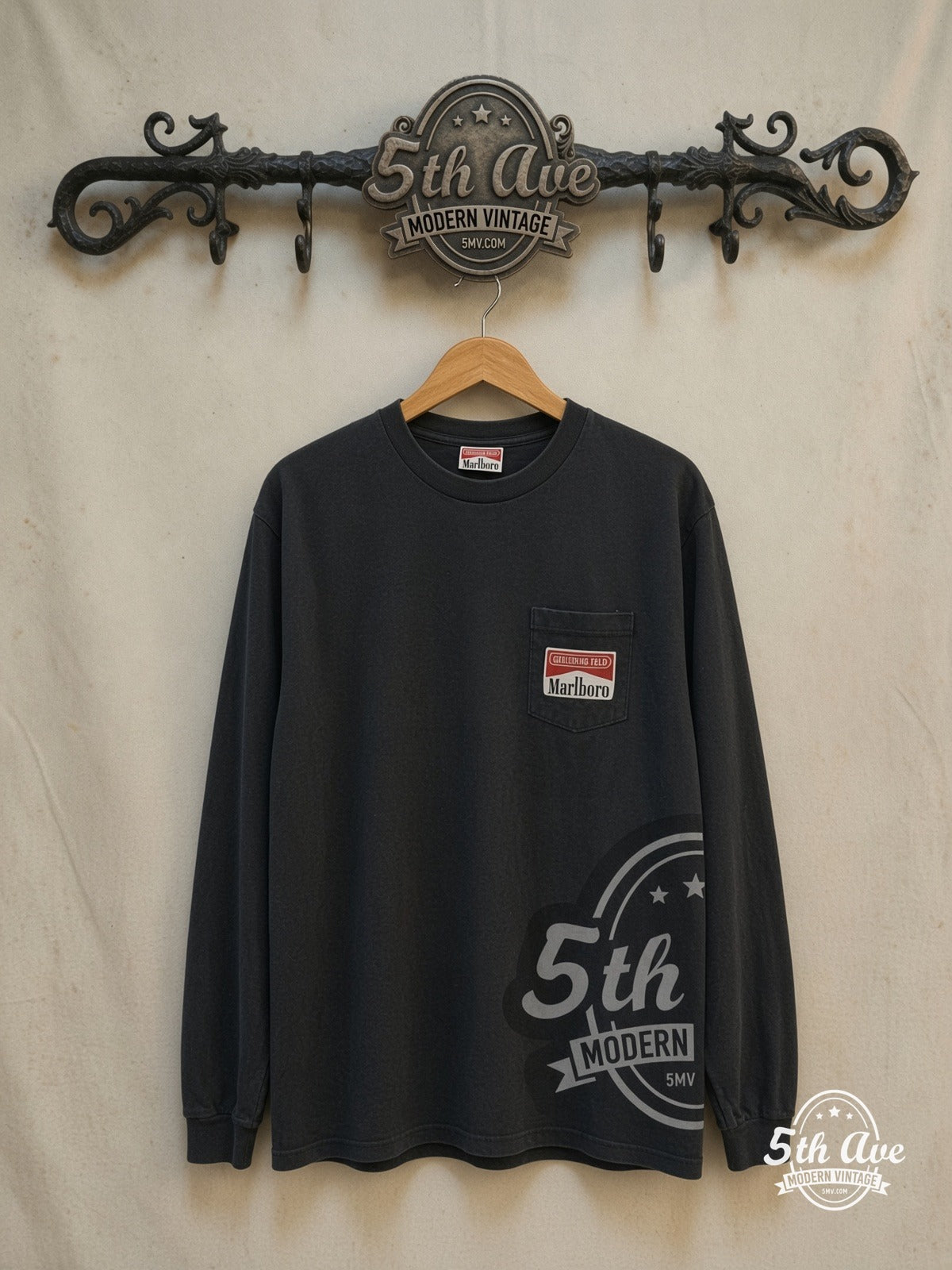 Marlboro Rattlesnake graphic tee, front view on a display rack