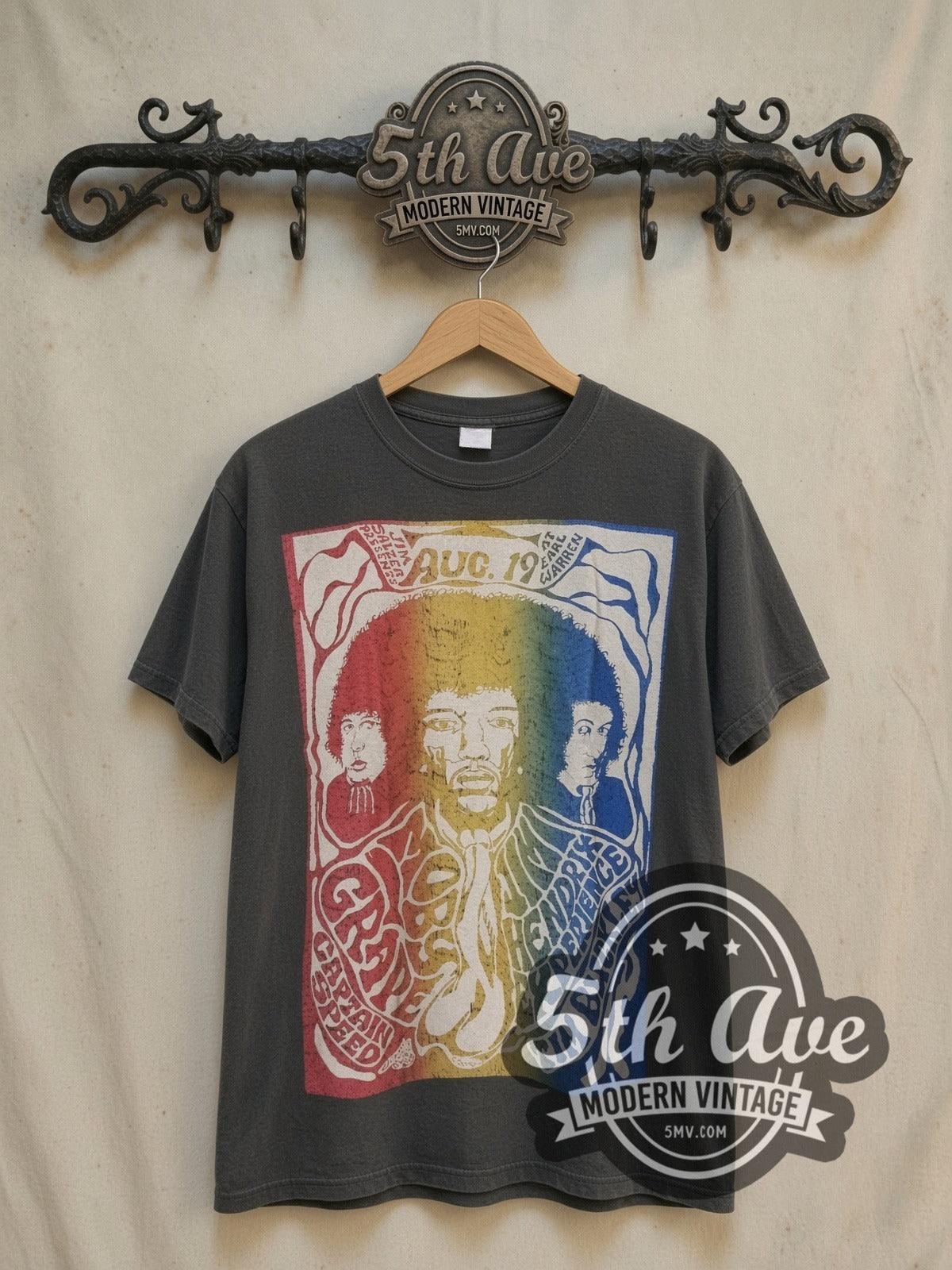 Jimi Hendrix Moby Grape / Captain Speed vintage band t-shirt, front view on a display rack