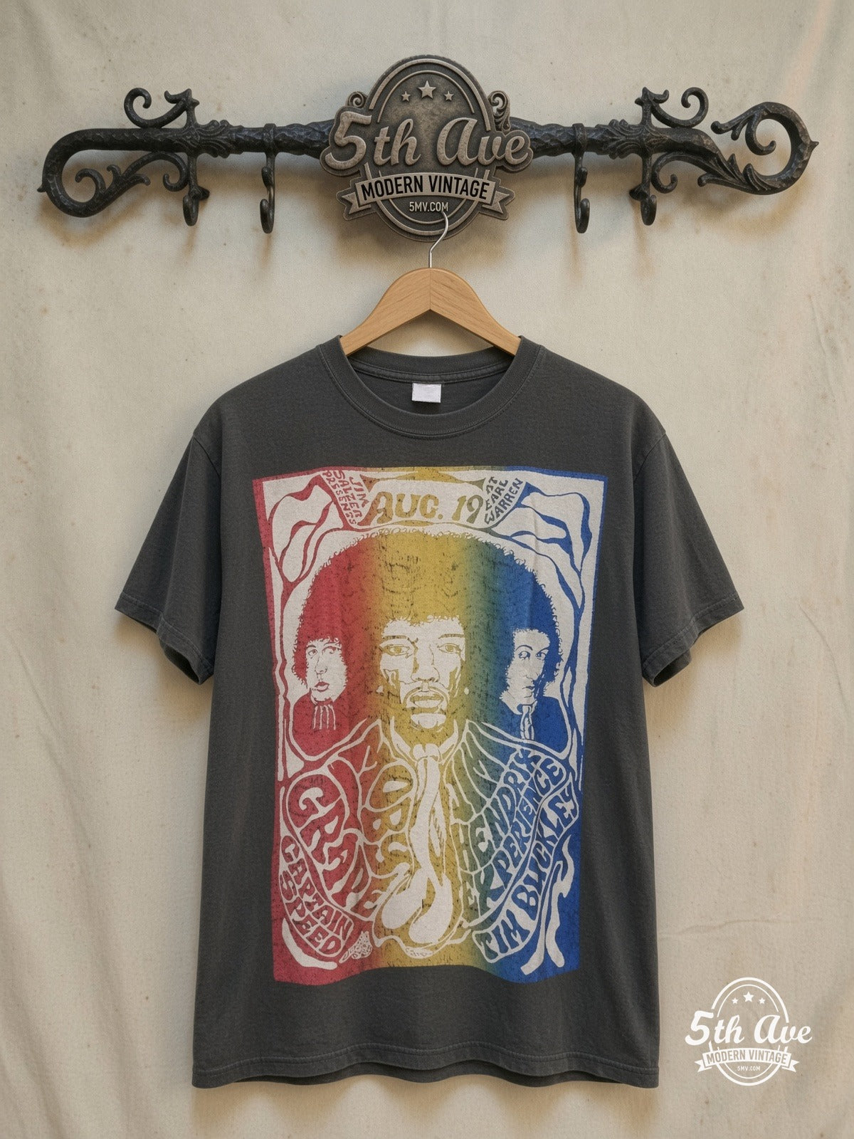 Jimi Hendrix – Moby Grape / Captain Speed – Vintage Band T-Shirt — front on locked cream ornate 5th Ave rack