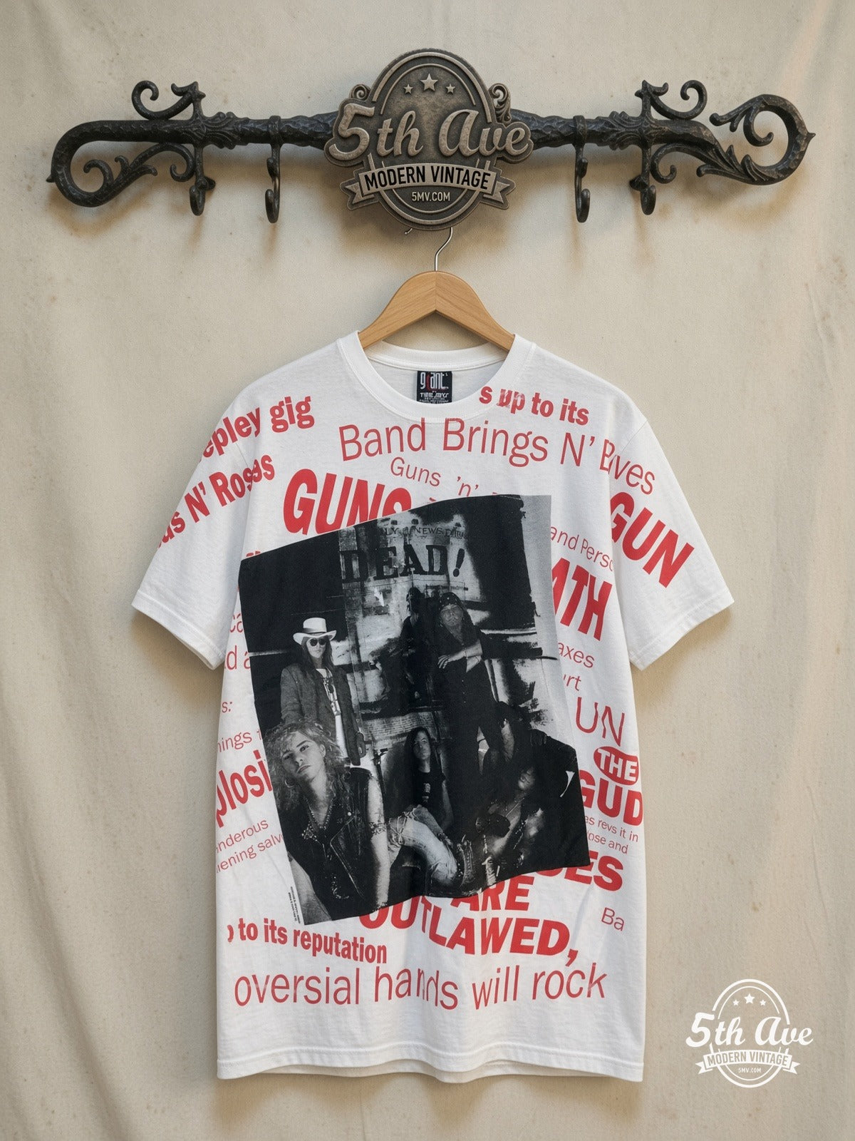 Guns N' Roses – DEAD Newspaper Headlines White All Over Print – Vintage Band T-Shirt — front on locked cream ornate 5th Ave rack