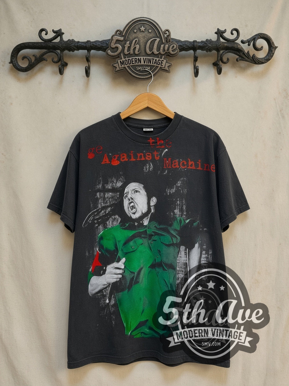 Rage Against the Machine Killing in the Name all-over-print vintage band t-shirt in black, front view on the 5MV rack