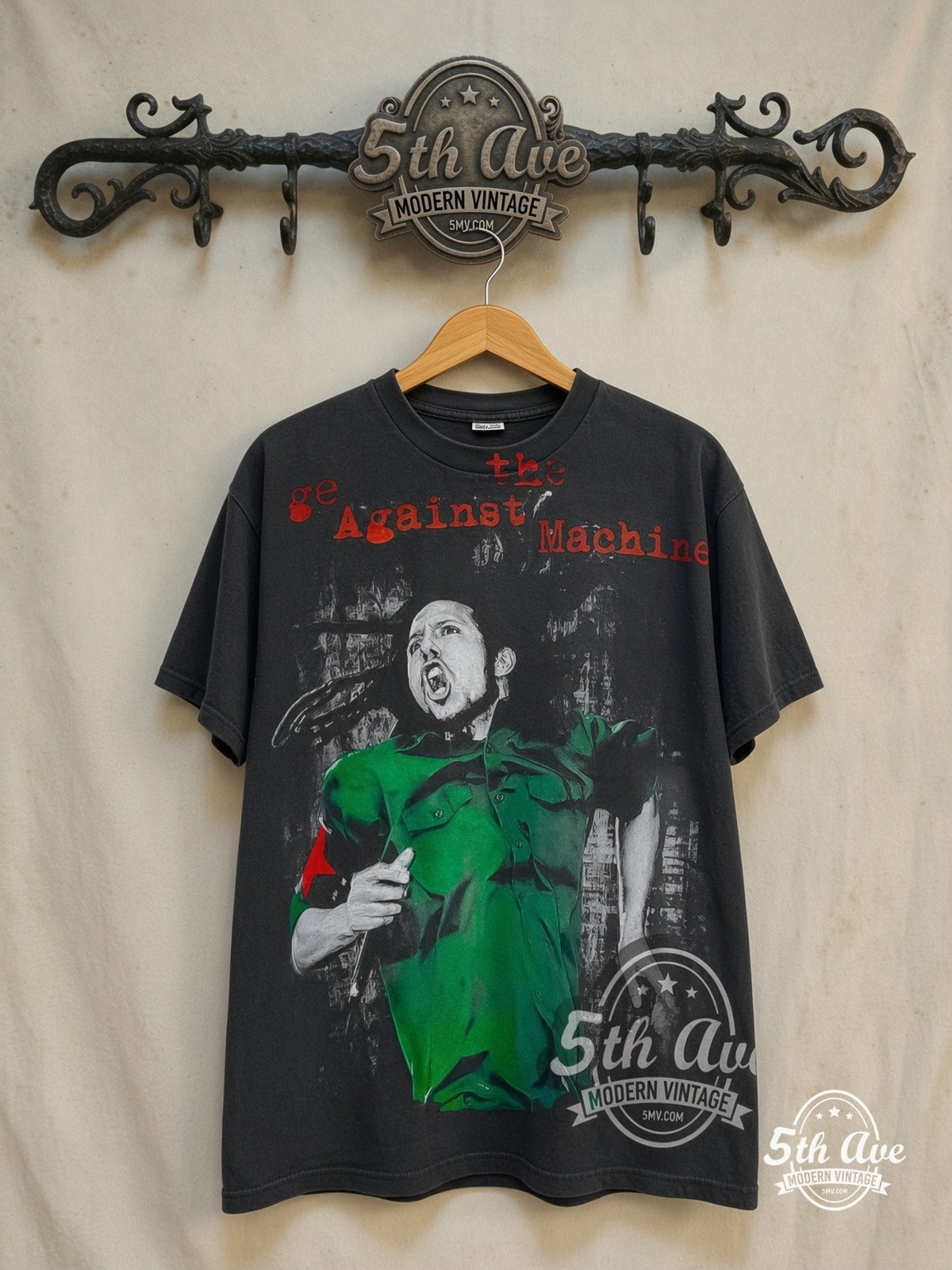 Rage Against the Machine – Killing in the Name All-Over Print – Vintage Band T-Shirt — front on locked cream ornate 5th Ave rack