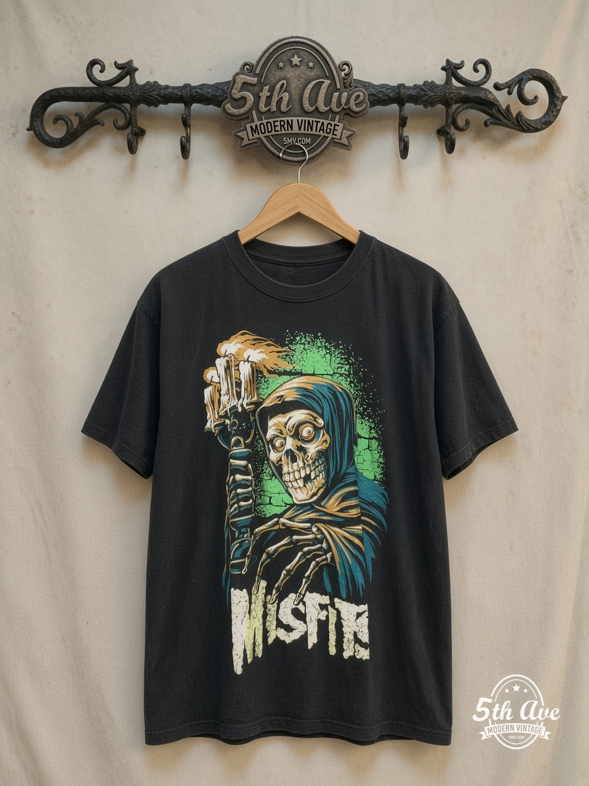Misfits – Crimson Ghost Holding Candelabra – Vintage Band T-Shirt — front on locked cream ornate 5th Ave rack