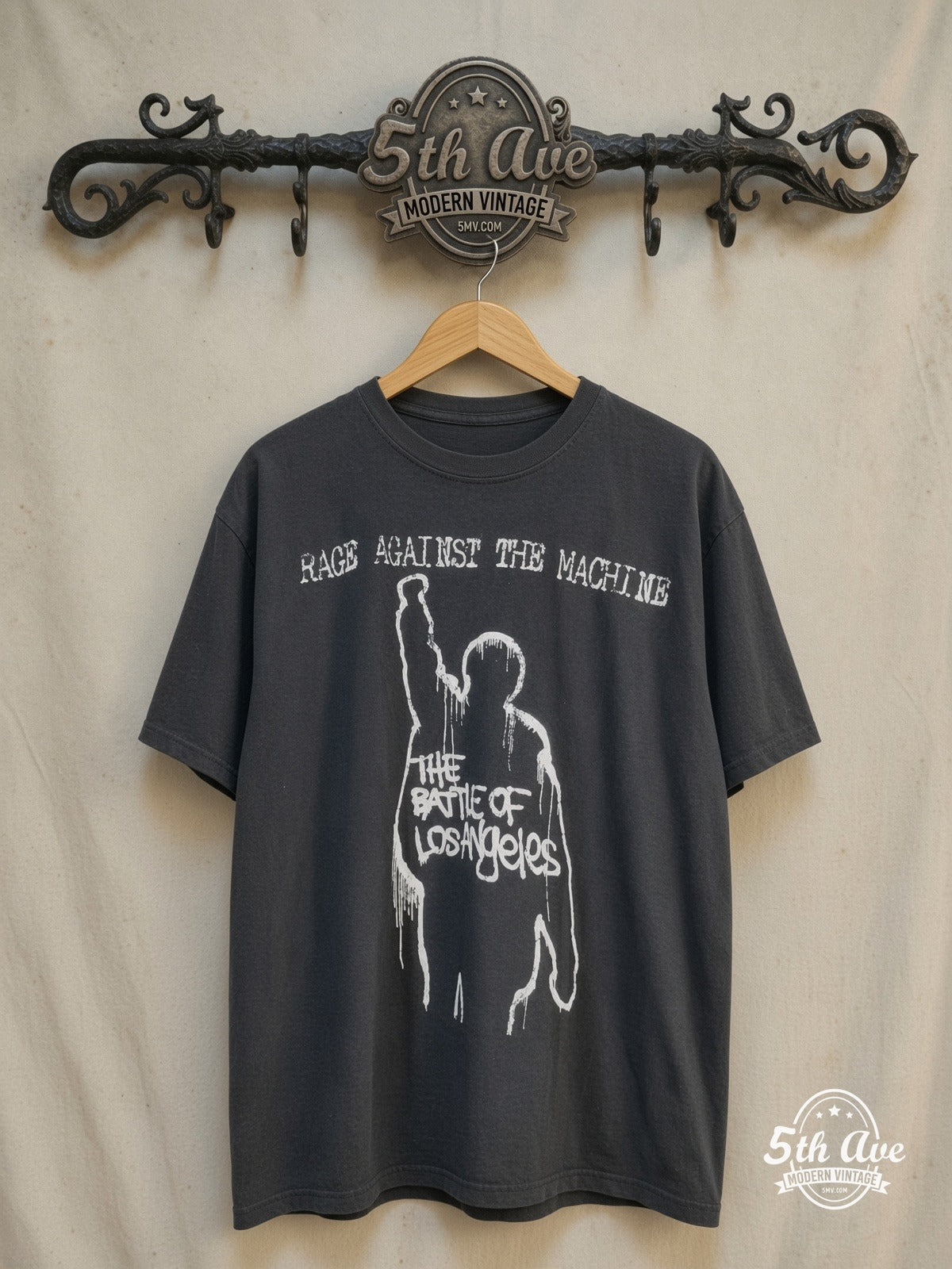 Rage Against the Machine The Battle of Los Angeles White Fist vintage band t-shirt in white, front view on a display rack