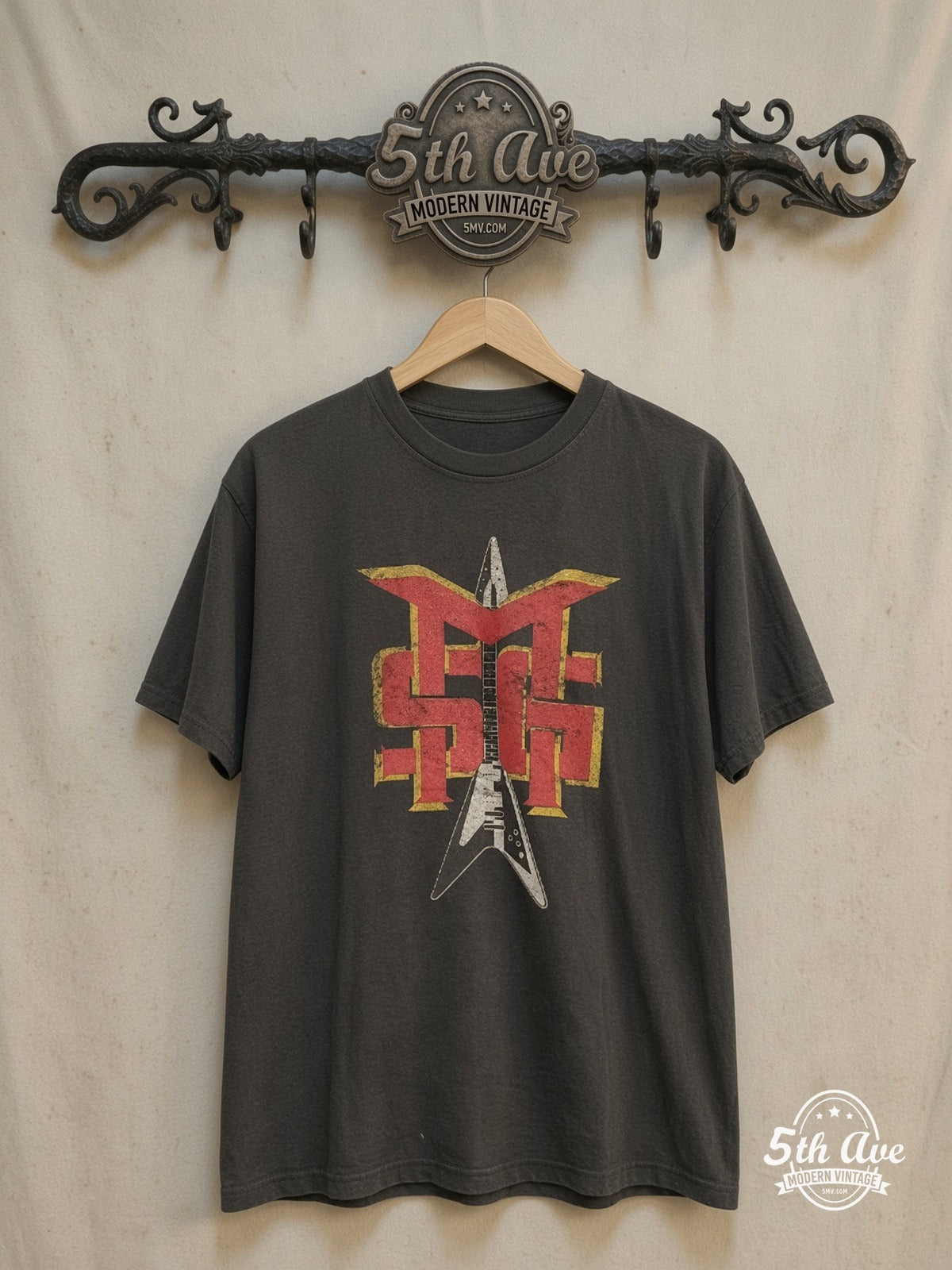 Michael Schenker Group – Guitar Logo – Vintage Band T-Shirt — front on locked cream ornate 5th Ave rack