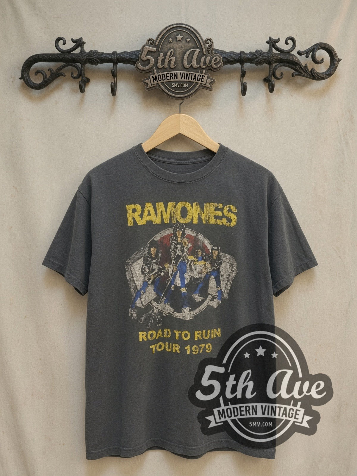 Ramones Road to Ruin Tour 1979 vintage band t-shirt, front view on a hanger
