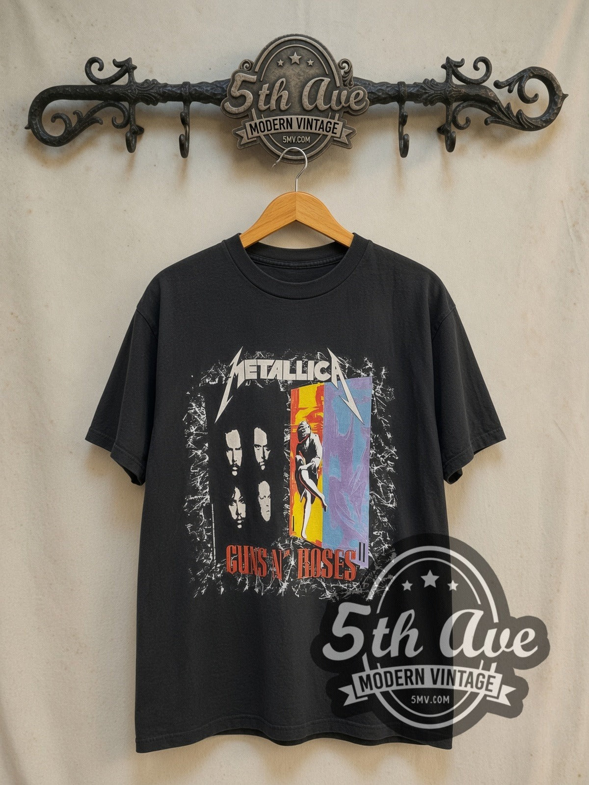 Metallica and Guns N' Roses Stadium Tour 1992 vintage band t-shirt in black, front view on the 5MV rack