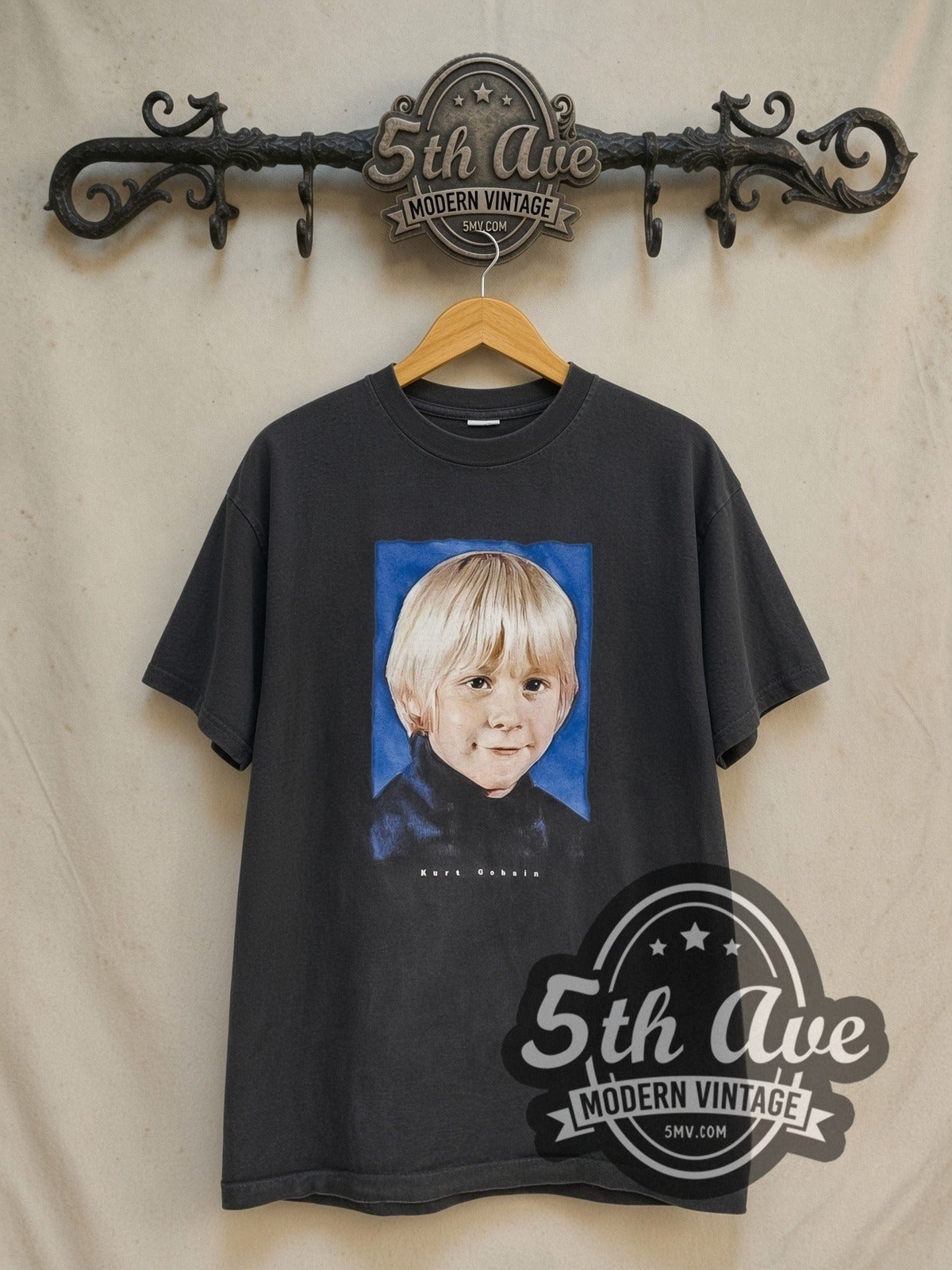 Nirvana Kid Blue vintage band t-shirt in black, front view on the 5MV rack