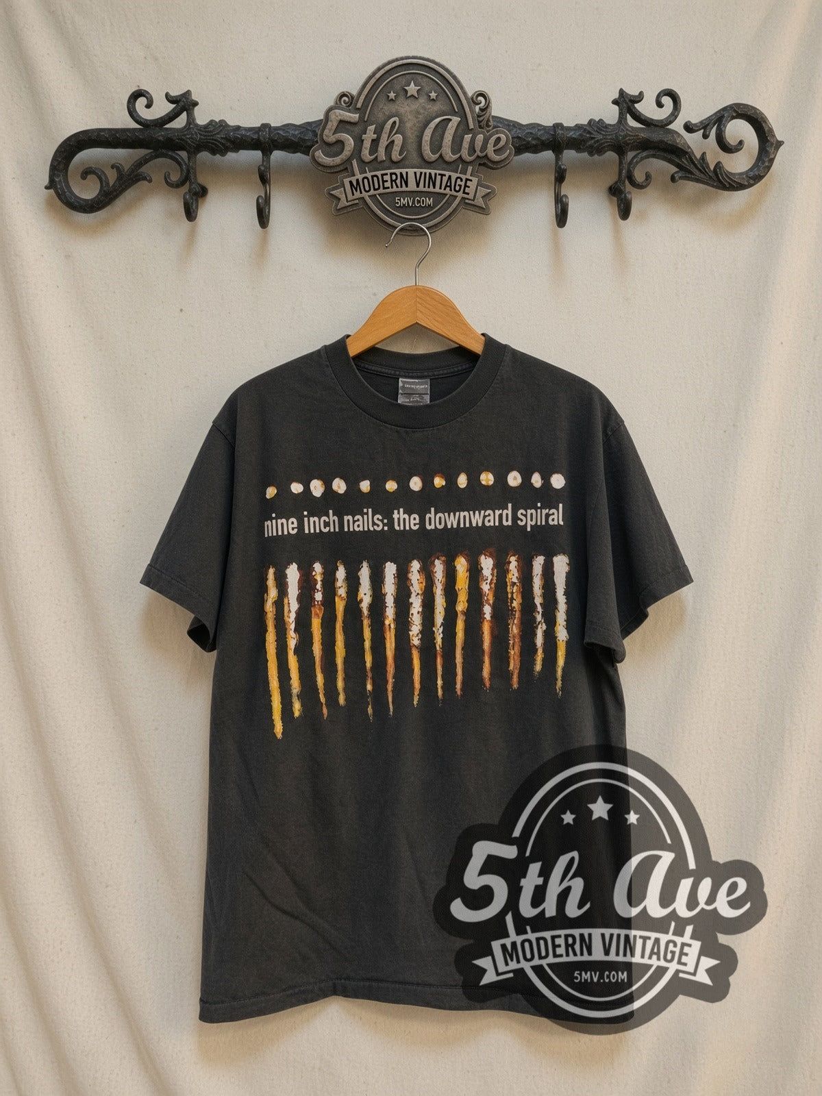 Nine Inch Nails The Downward Spiral vintage band t-shirt in black, front view on the 5MV rack