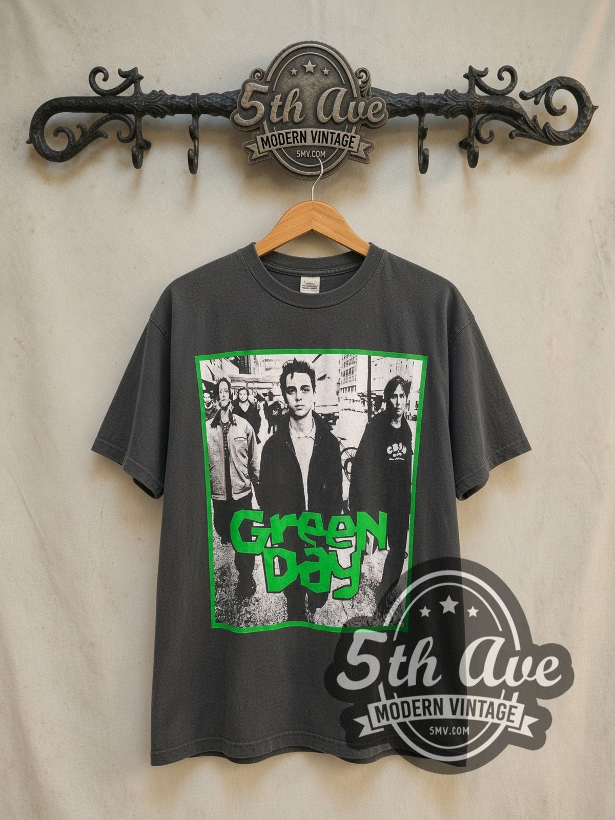 Green Day Band Street Photo Dookie Cartoon long sleeve vintage band t-shirt in black, front view on a display rack