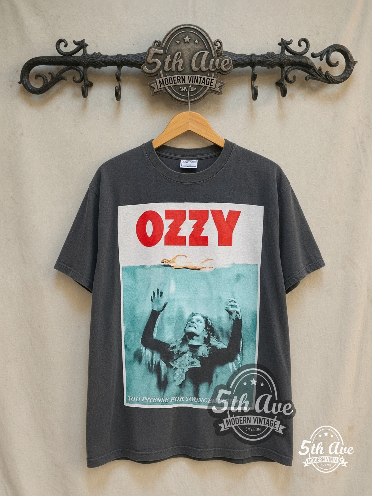 Ozzy Osbourne – Ozzfest' 2002 – Vintage Band T-Shirt — front on locked cream ornate 5th Ave rack