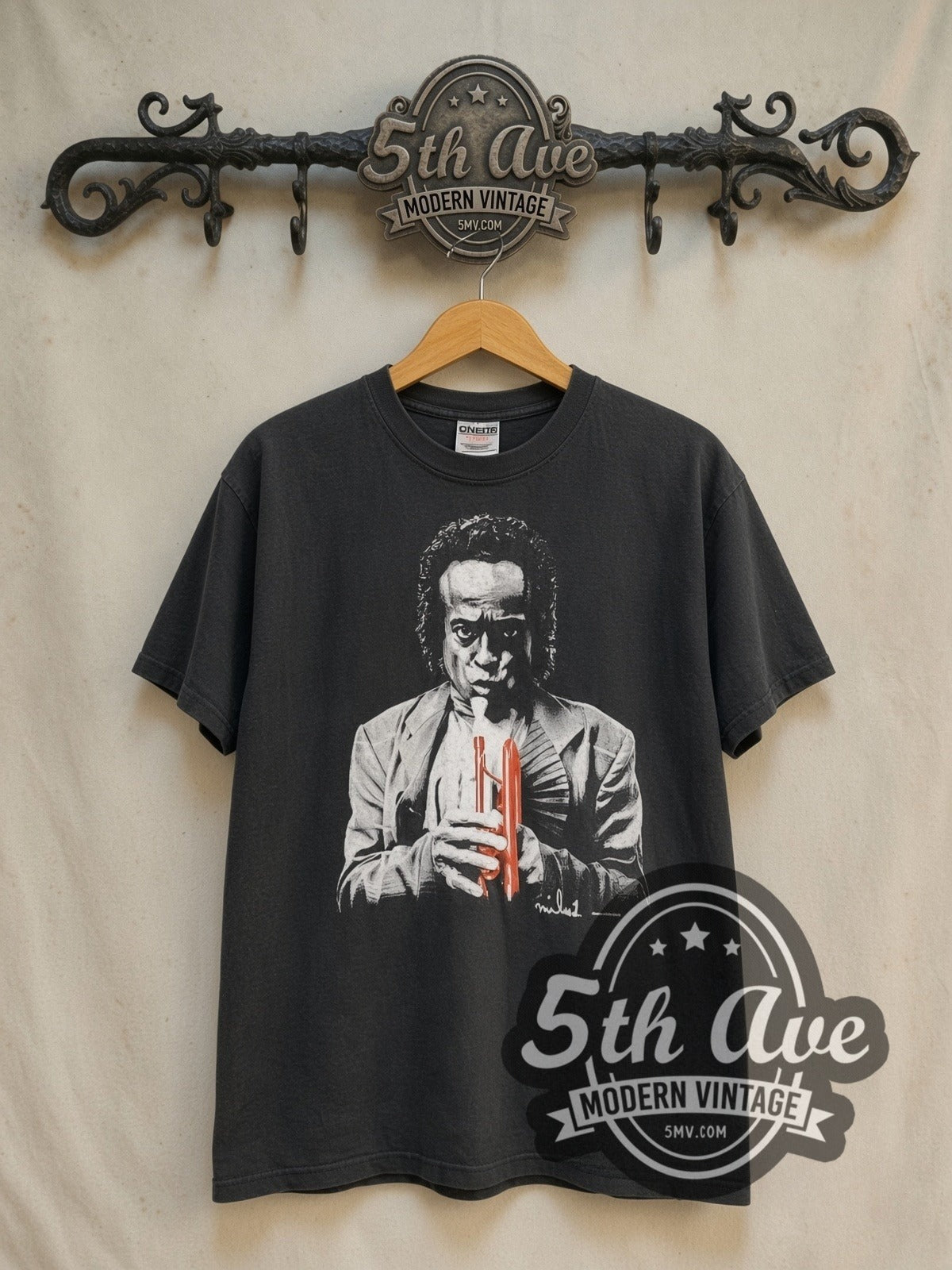 Miles Davis Trumpeter vintage band t-shirt in black, front view on the 5MV rack