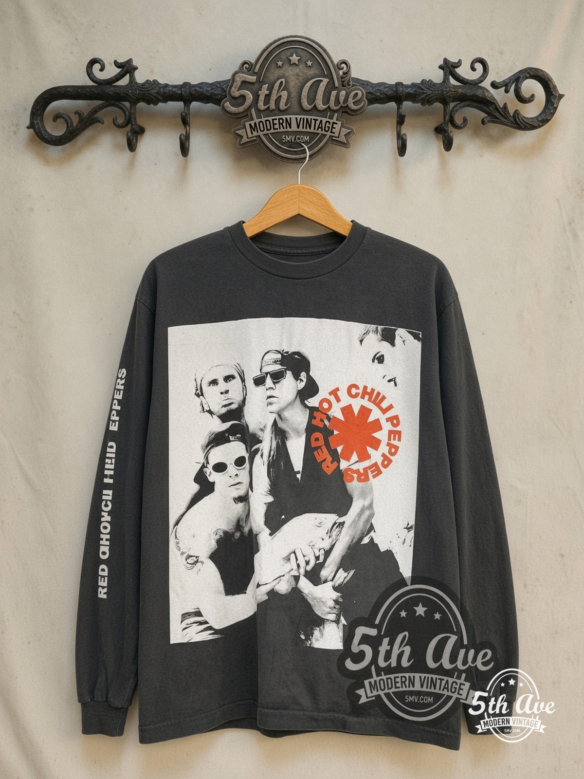 Red Hot Chili Peppers – Out in L.A. – Vintage Band T-Shirt — front on locked cream ornate 5th Ave rack