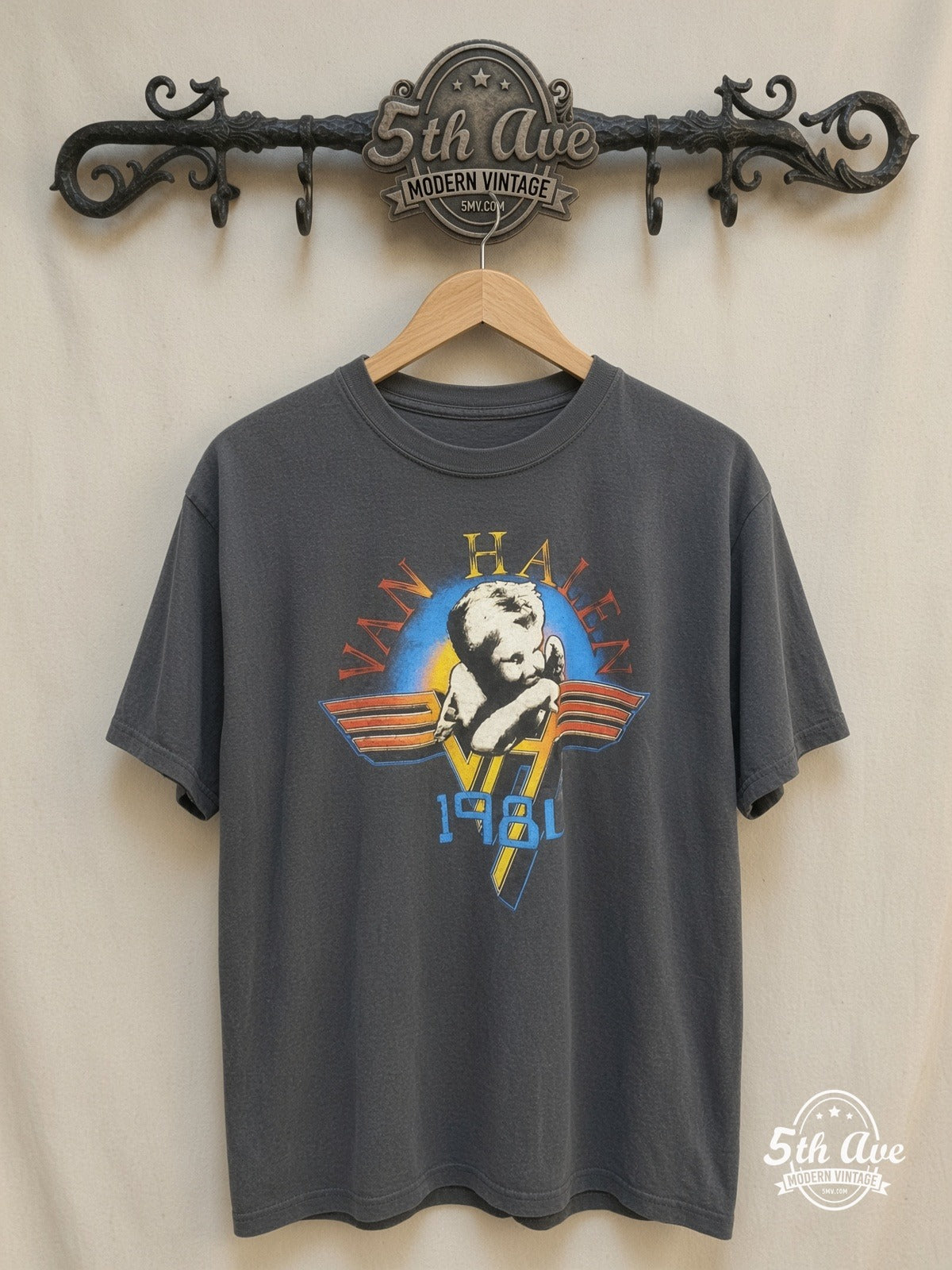 Van Halen – Vintage Band T-Shirt — front on locked cream ornate 5th Ave rack