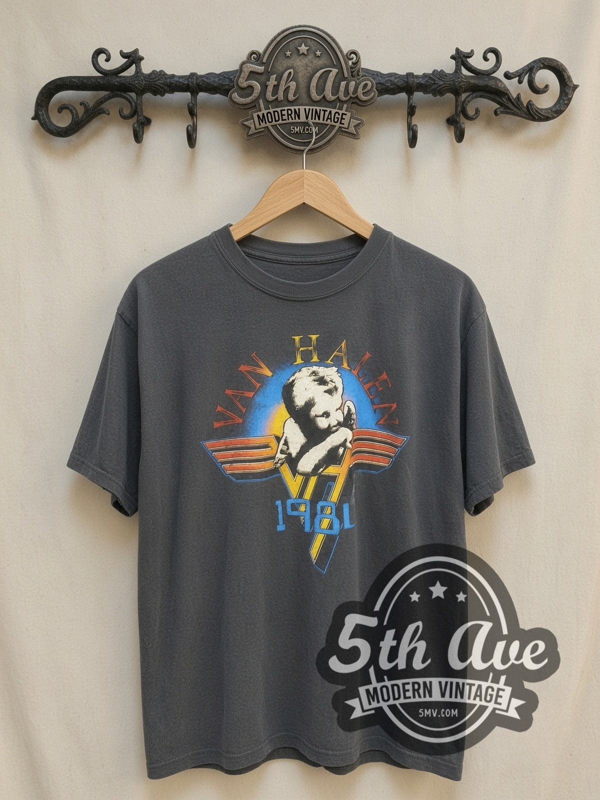 Van Halen vintage band t-shirt, front view on a display rack