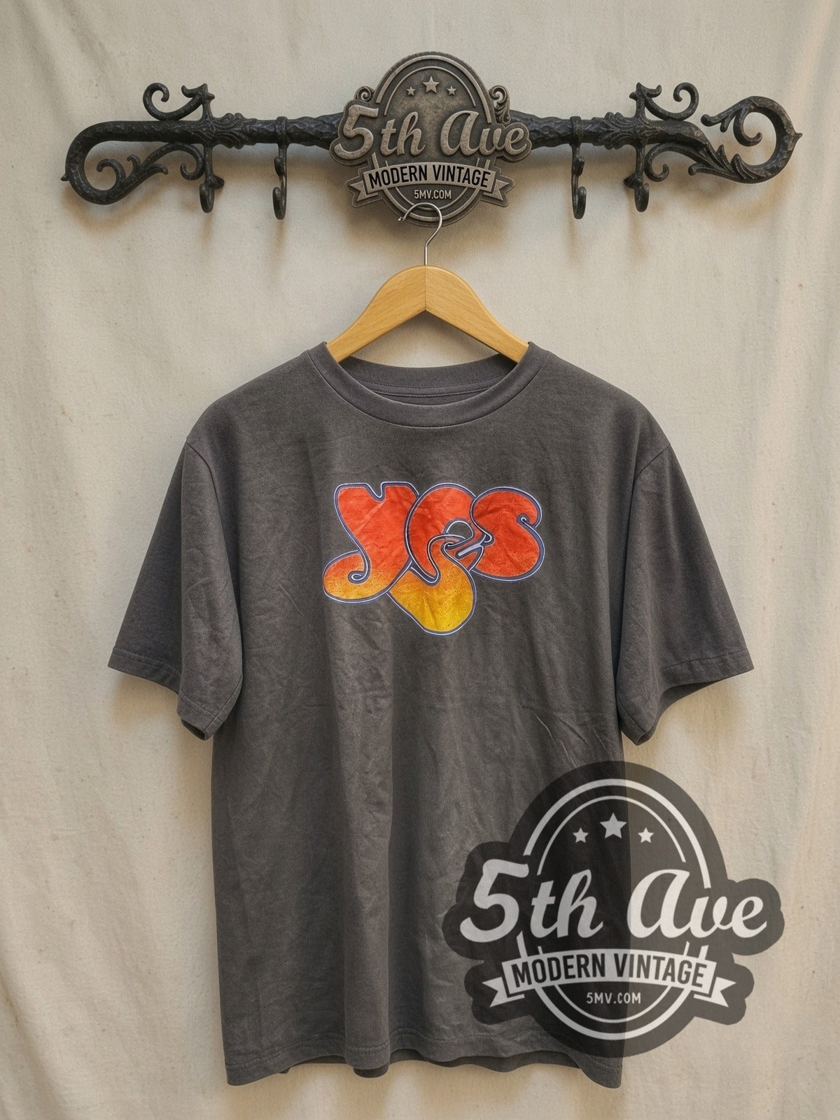 Yes Classic Logo vintage band t-shirt, front view on a display rack