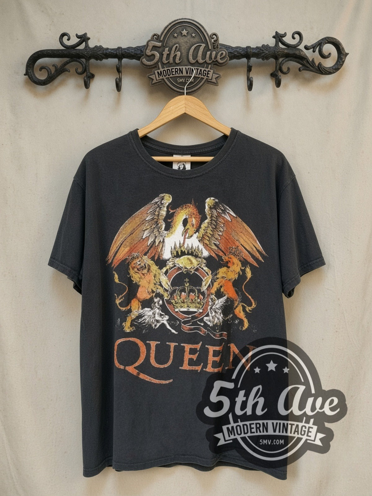 Queen Color Crest Orange Logo vintage band t-shirt, front view on the 5MV rack