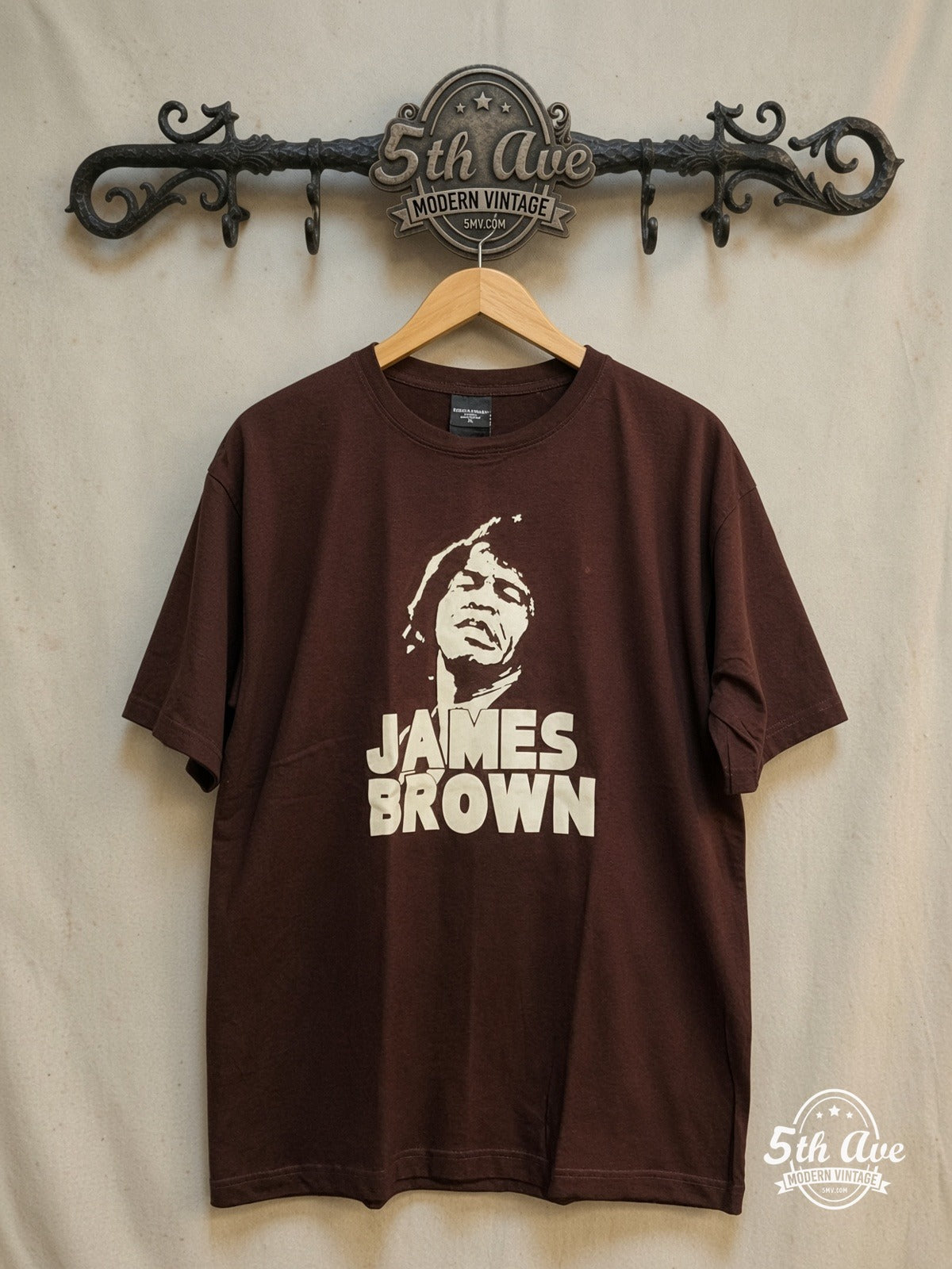 James Brown – Vintage Band T-Shirt — front on locked cream ornate 5th Ave rack