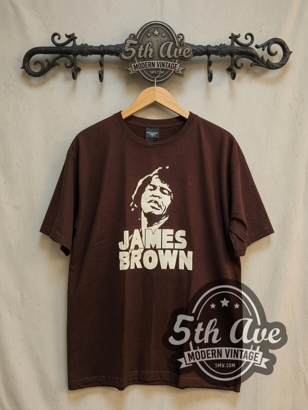 James Brown vintage band t-shirt, front view on the 5MV rack