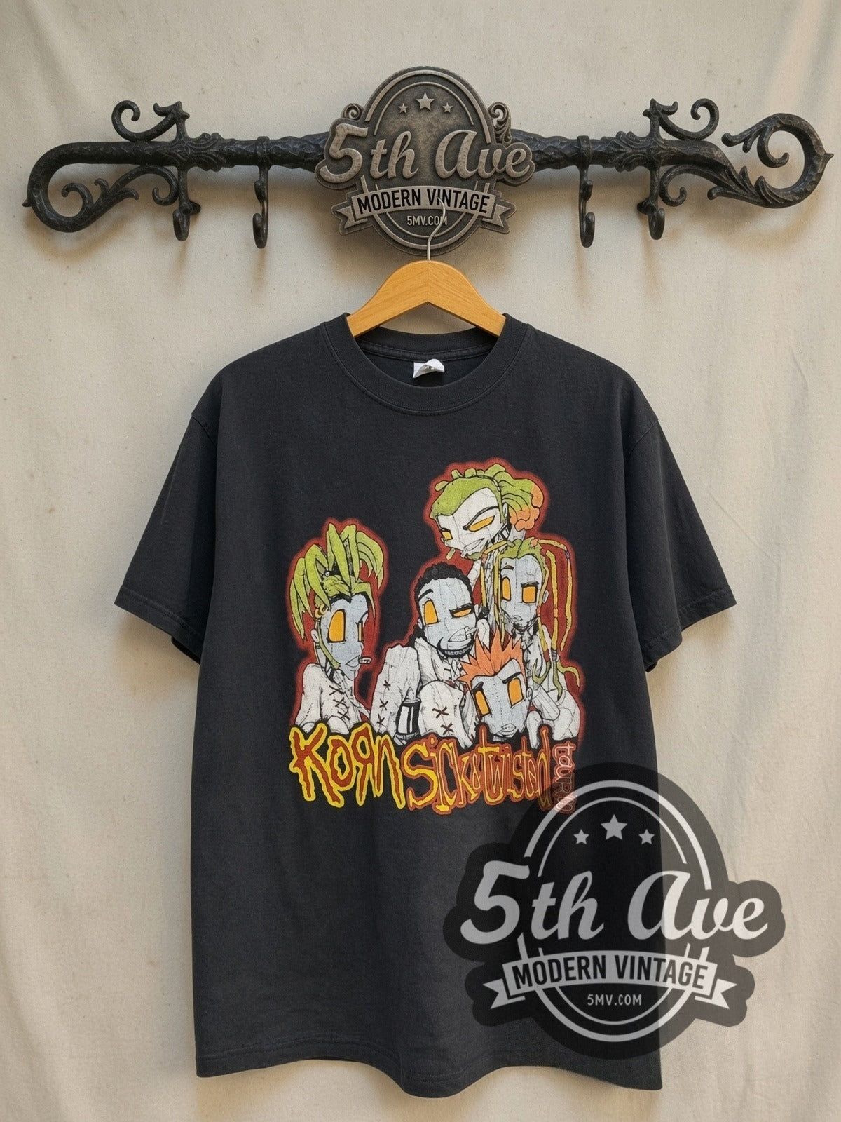 Korn Sick and Twisted Cartoon City List vintage band t-shirt in black, front view on the 5MV rack