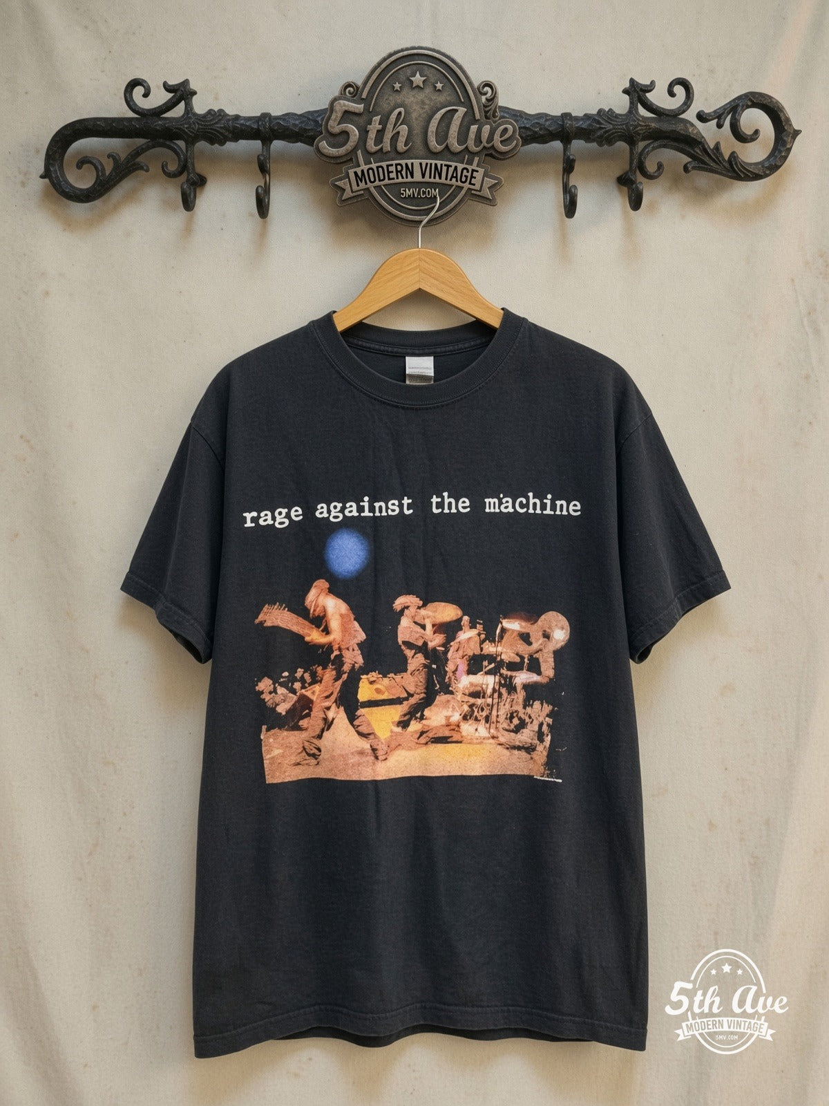 Rage Against the Machine – Anger is a gift – Vintage Band T-Shirt — front on locked cream ornate 5th Ave rack