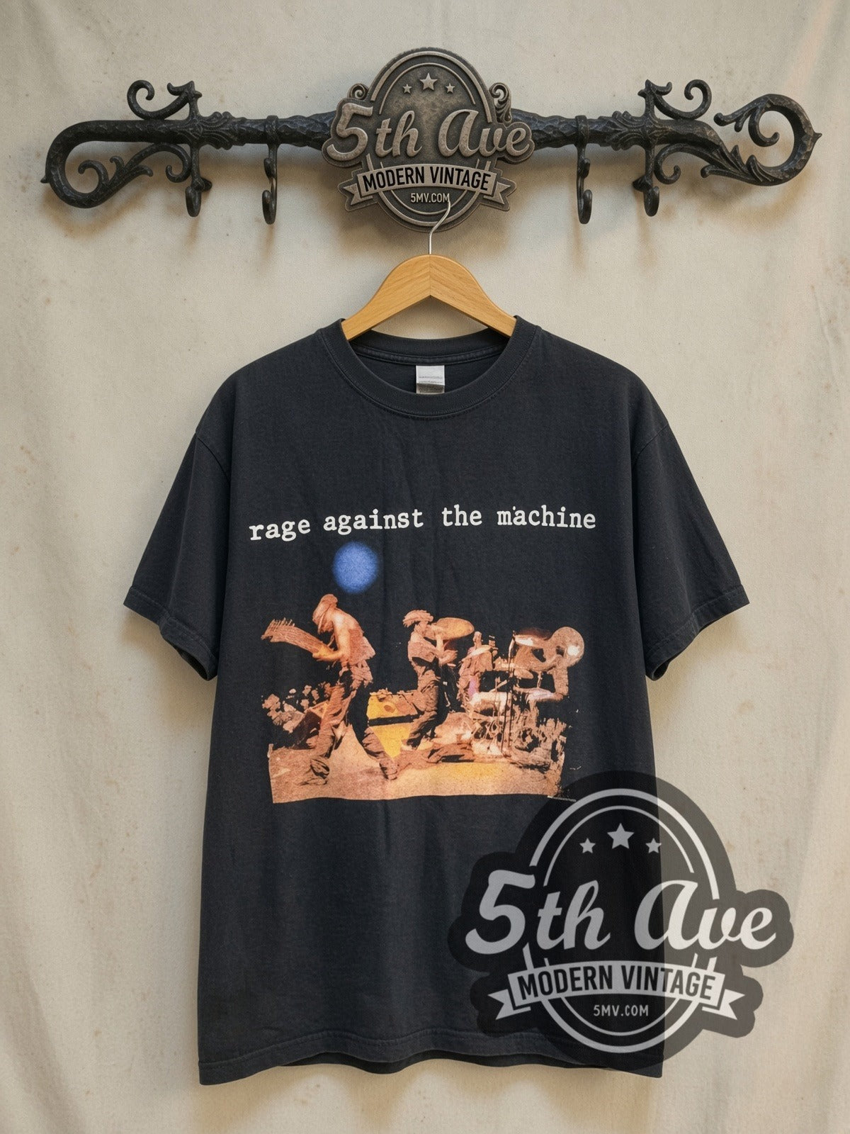 Rage Against the Machine Anger is a gift vintage band t-shirt in black, front view on the 5MV rack