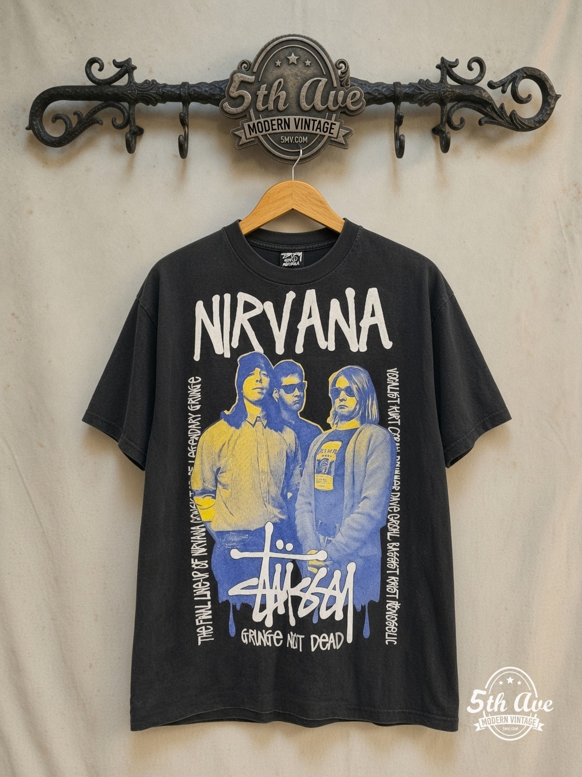 Nirvana – Stüssy Grunge Not Dead Lithium Jester Crown – Vintage Band T-Shirt — front on locked cream ornate 5th Ave rack